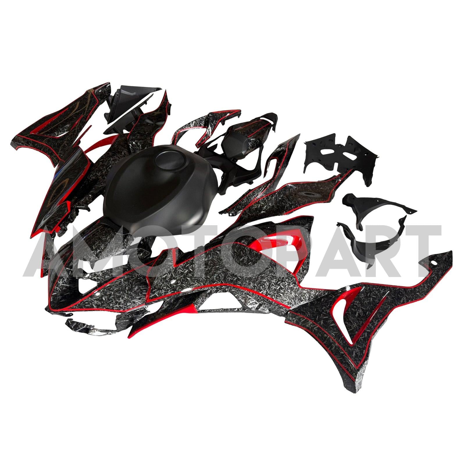 Amotopart 2024-2026 Kawasaki ZX-6R Black Forged Carbon Fiber Pattern Red Fairing Kit