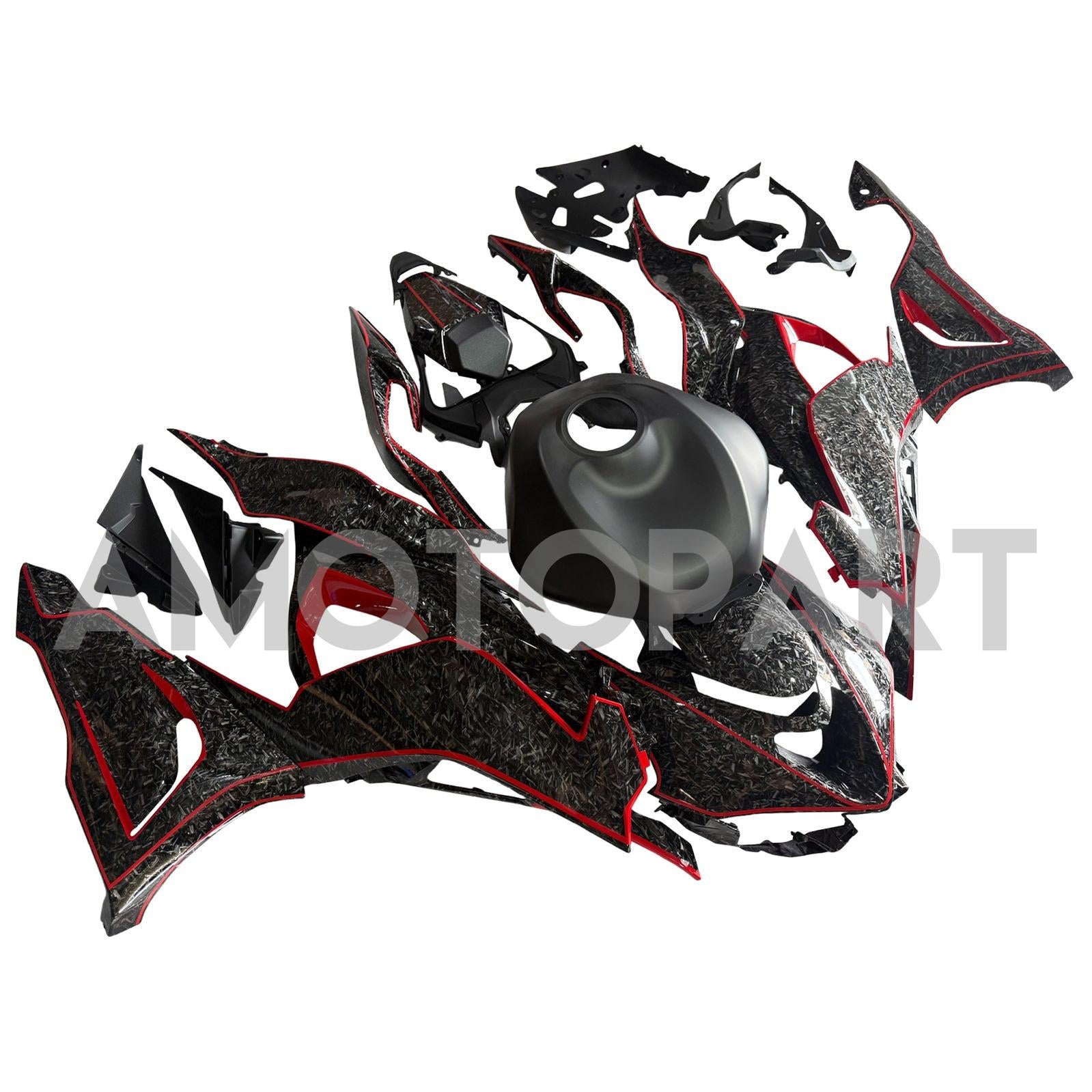 Amotopart 2024-2026 Kawasaki ZX-6R Black Forged Carbon Fiber Pattern Red Fairing Kit
