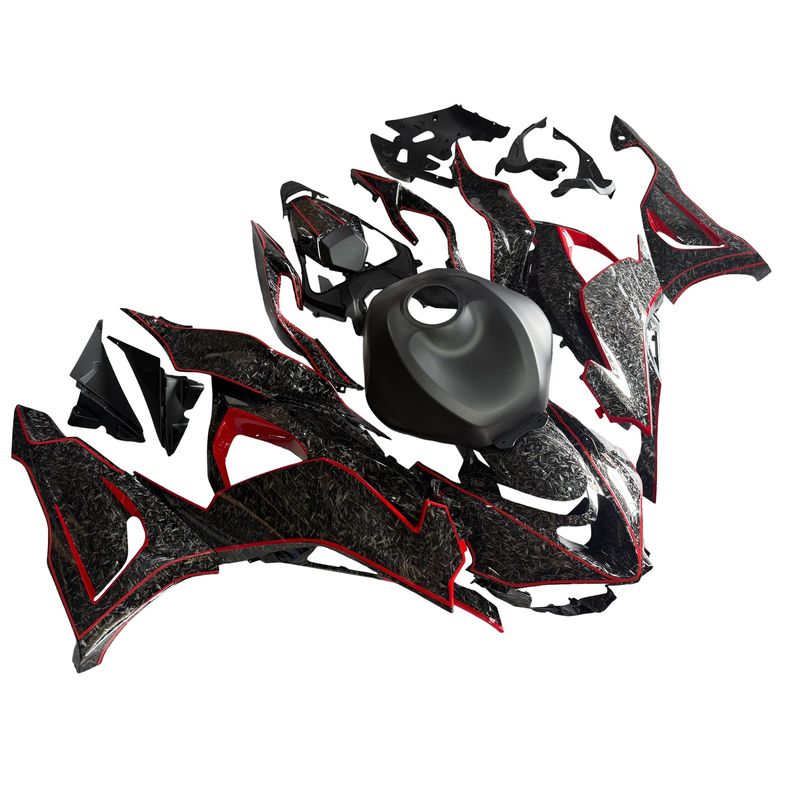 Amotopart 2024-2025 Kawasaki ZX-6R Black Forged Carbon Fiber Pattern Red Fairing Kit