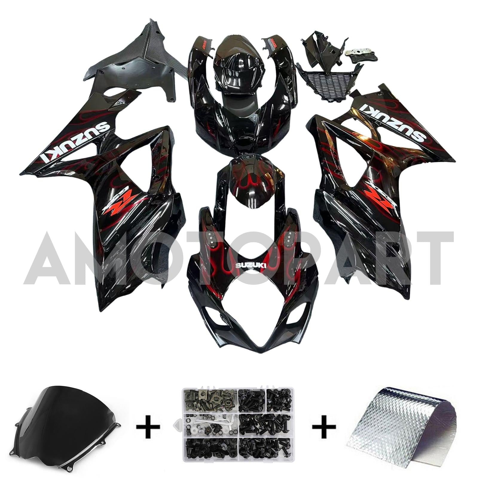Amotopart 2007-2008 Suzuki GSXR1000 Fairing Black&Red Fire Kit