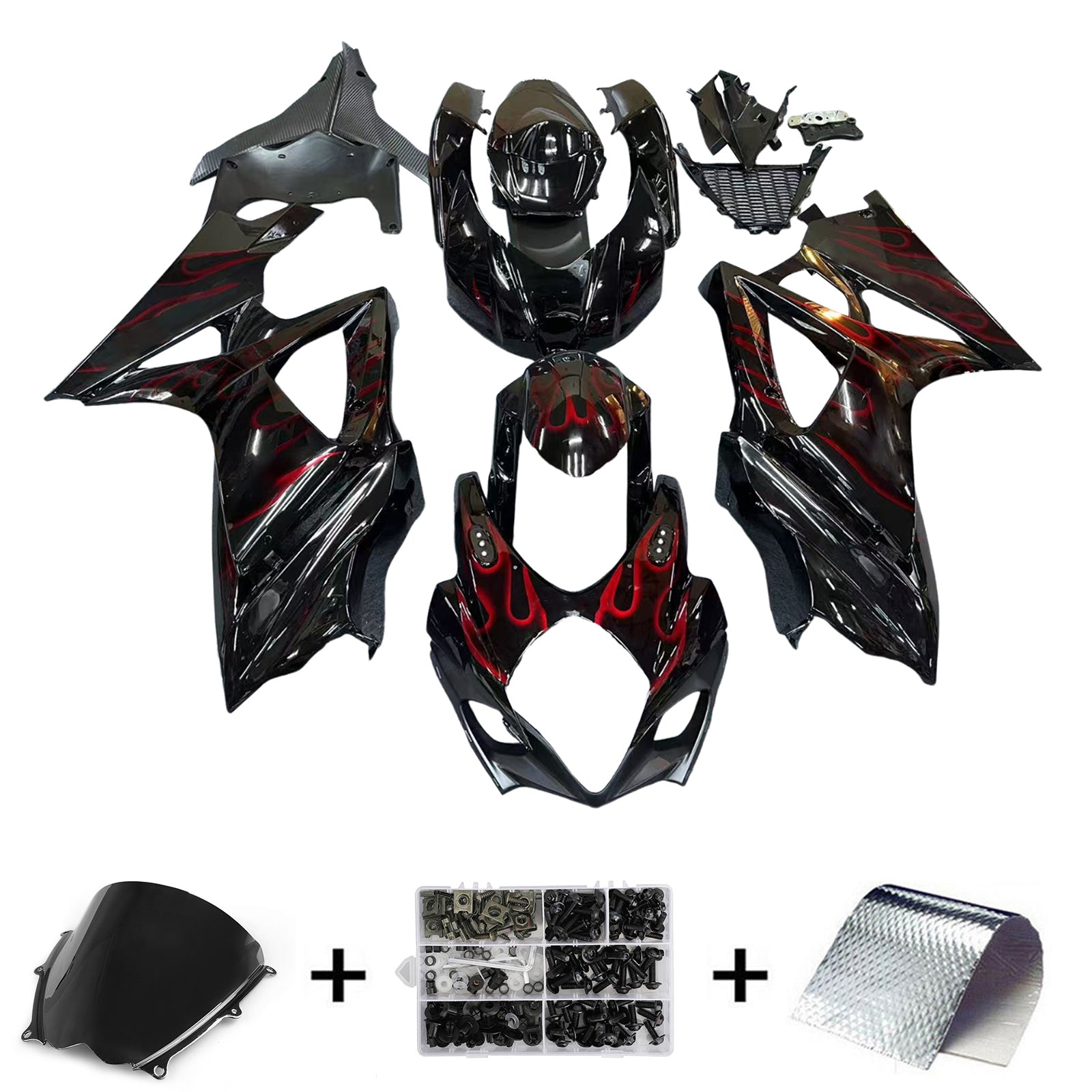 Amotopart 2007-2008 Suzuki GSXR1000 Verkleidung Schwarz&Rotes Feuer-Set