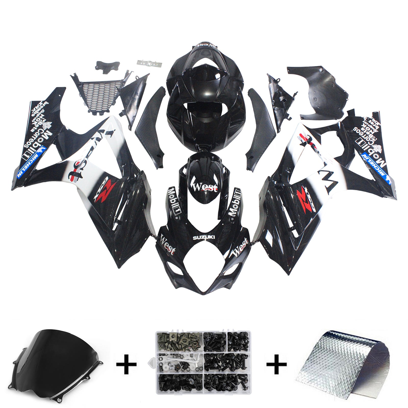 Amotopart 2007-2008 Suzuki GSXR1000 Kit de carenado blanco y negro brillante