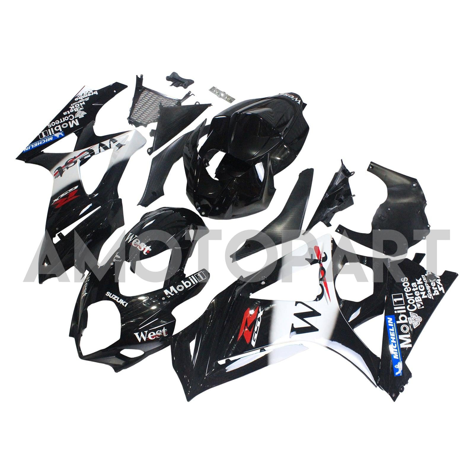 Amotopart 2007–2008 Suzuki GSXR1000 Verkleidung, glänzend schwarz&Weißes Kit