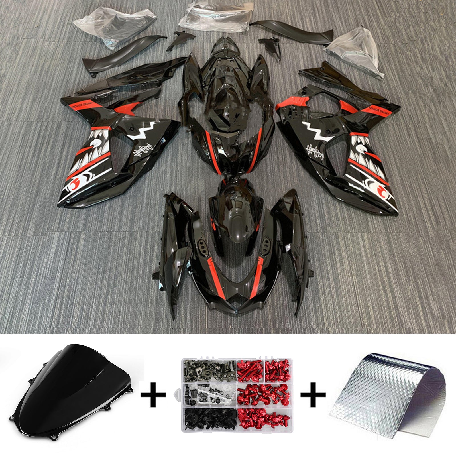 Amotopart 2009-2016 K9 GSXR1000 Suzuki Nero lucido con kit carenatura denti di squalo rosso