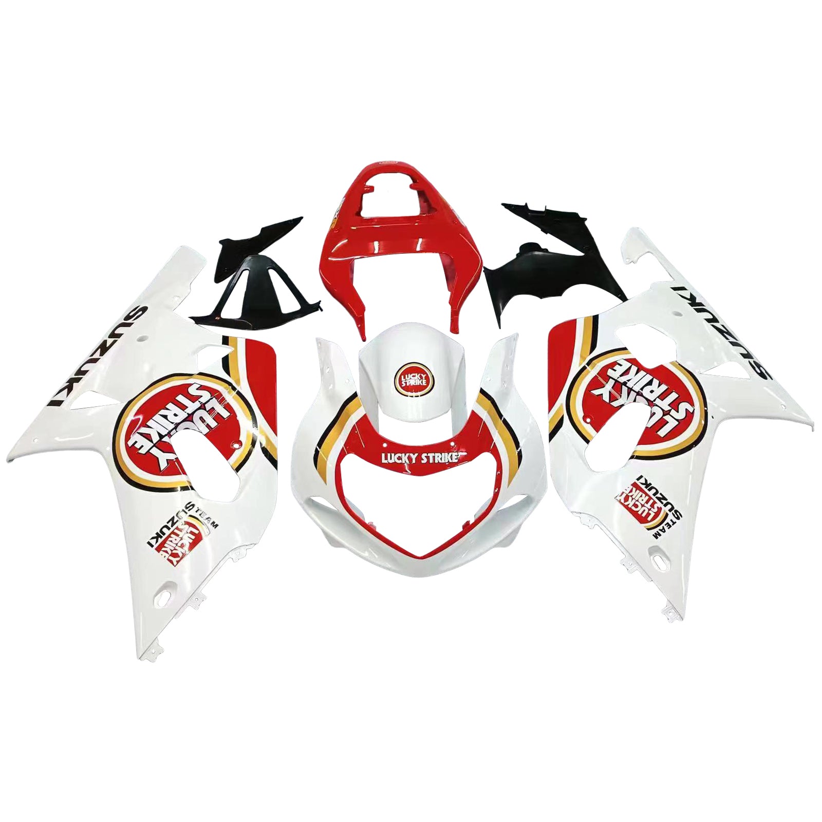 Amotopart Verkleidungssatz für Suzuki GSXR600 01–03 und GSXR750 00–03 Lucky Strike Racin, weiß/rot