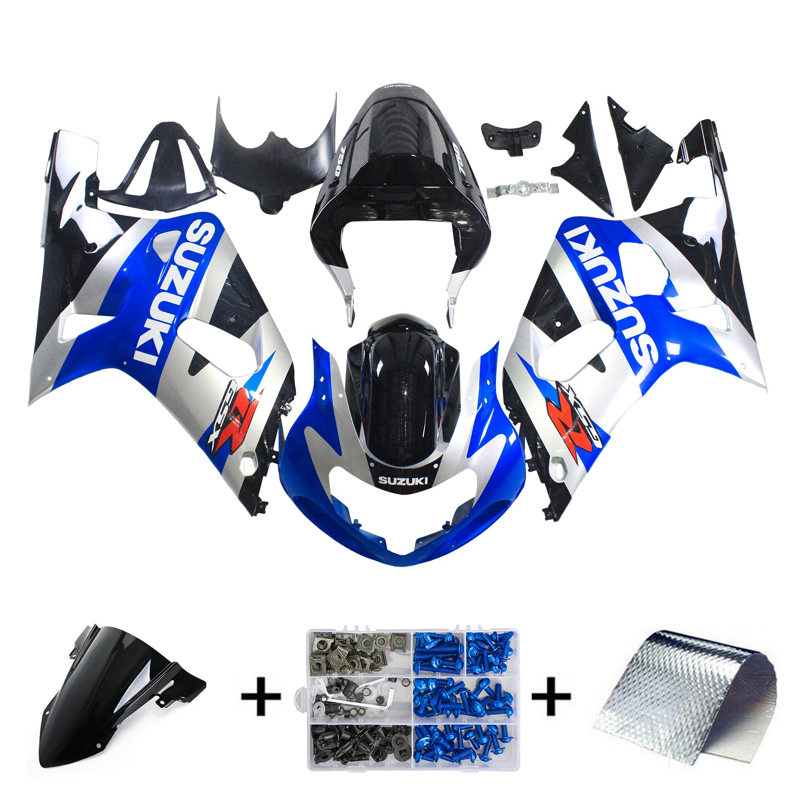 Amotopart スズキ 01-03 GSXR600 & 00-03 GSXR750 フェアリング ブルー シルバー キット