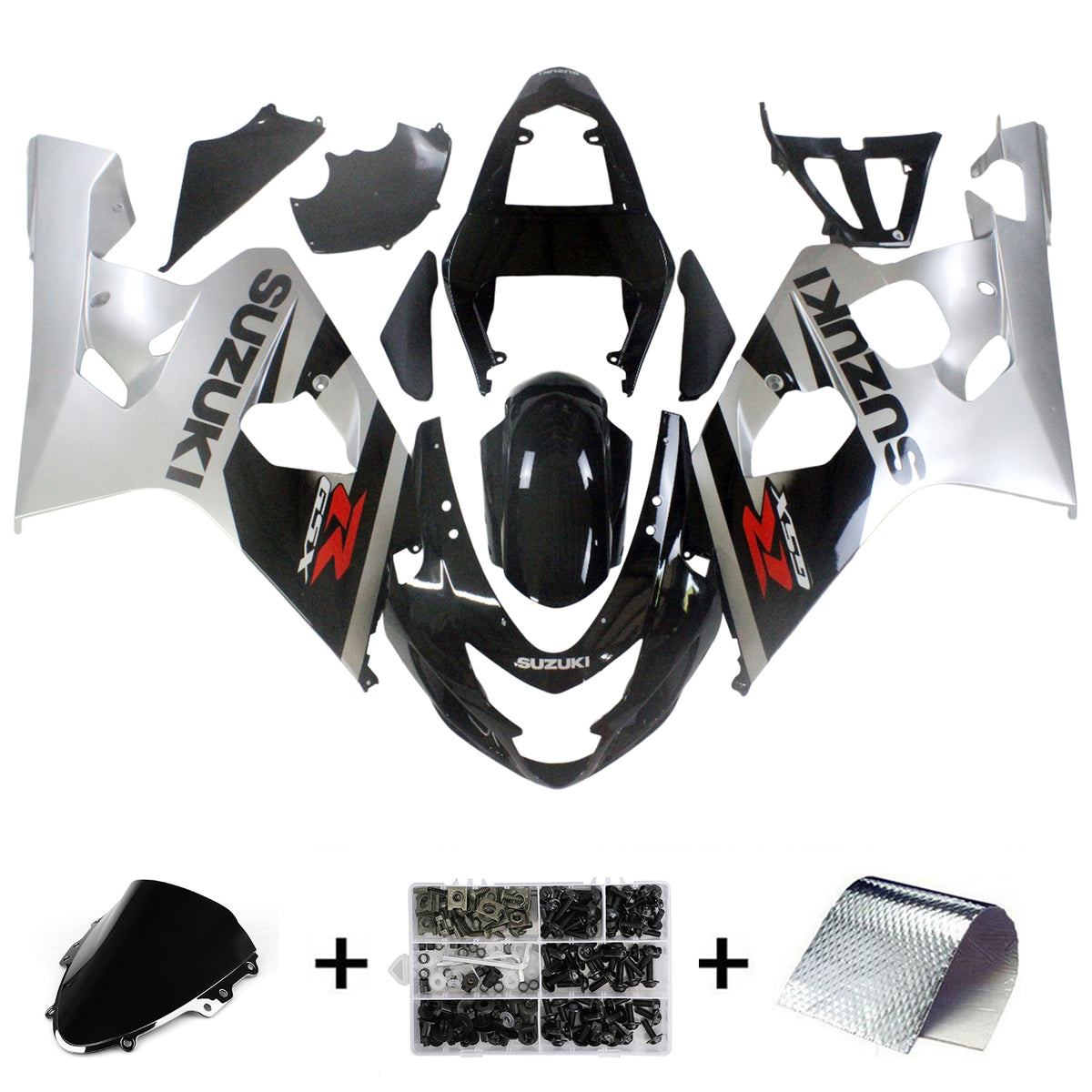 Amotopart 2004-2005 Suzuki GSXR600750 Kit de carenado negro y plateado