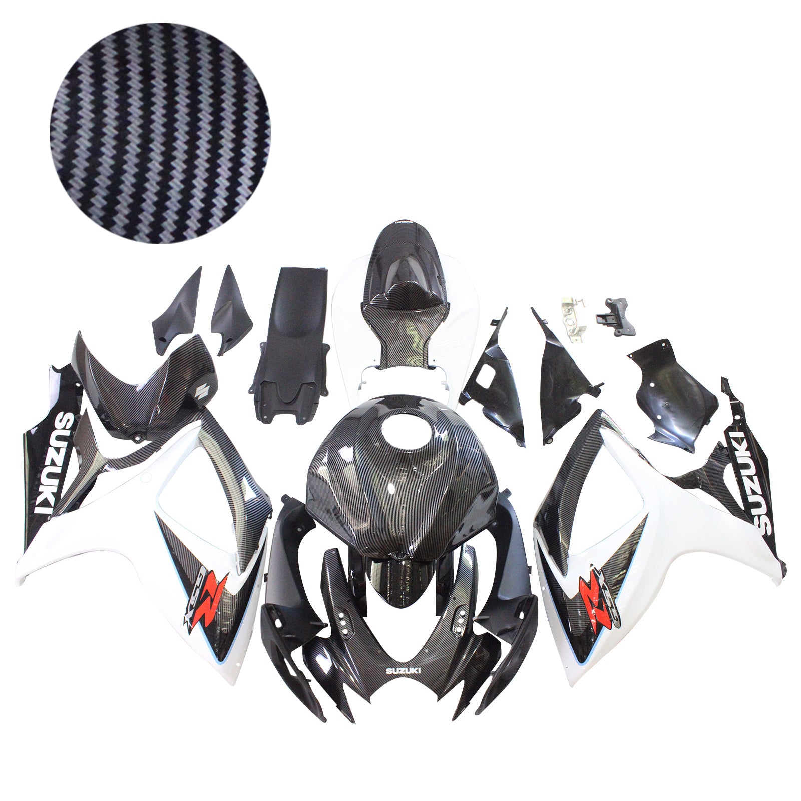 Amotopart 2006–2007 Suzuki GSXR 600/750 K6 Verkleidungsset aus Kohlefaser in Schwarz und Weiß