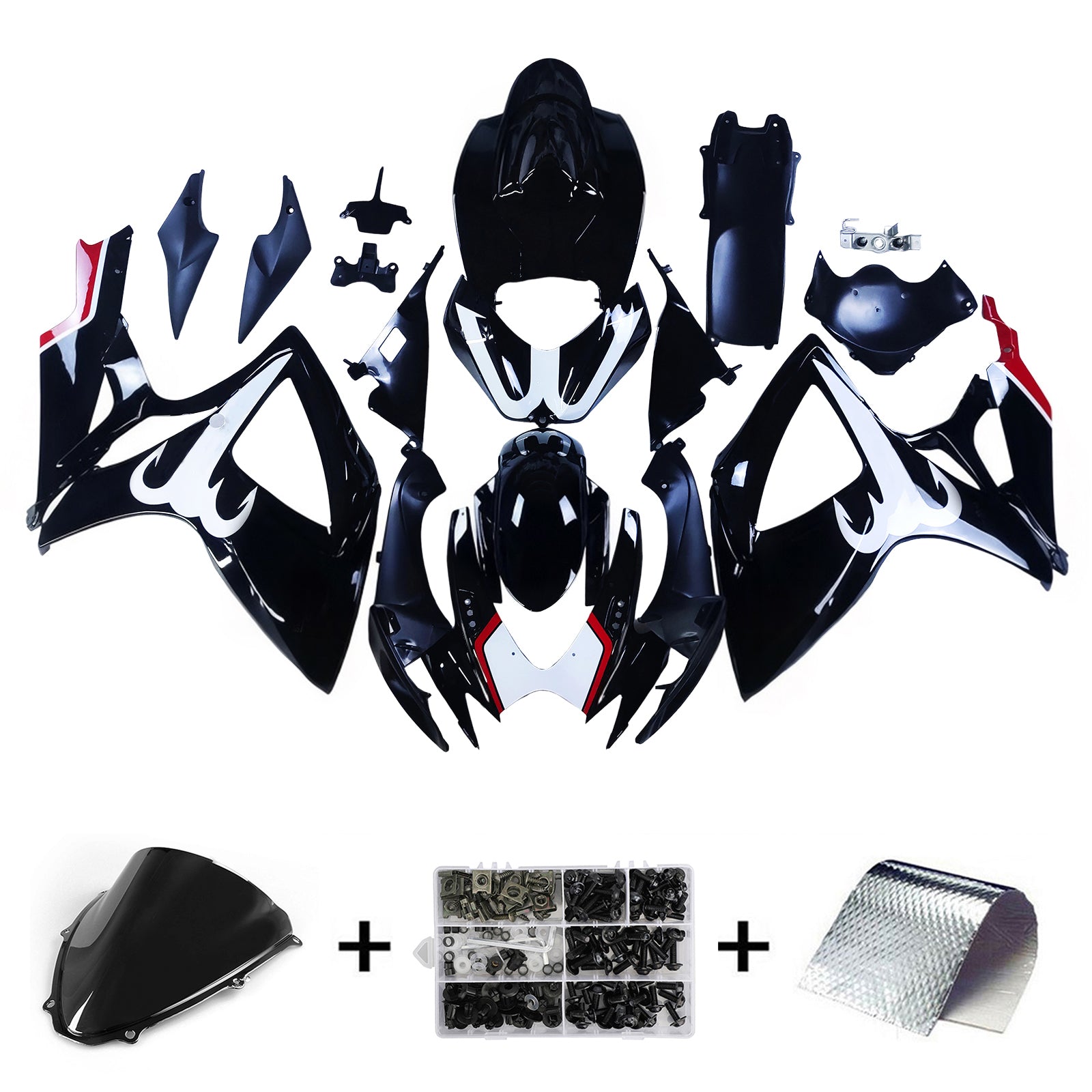 Amotopart 2006–2007 K6 GSXR 600/750 Suzuki Schwarz&Verkleidungssatz mit weißen Akzenten