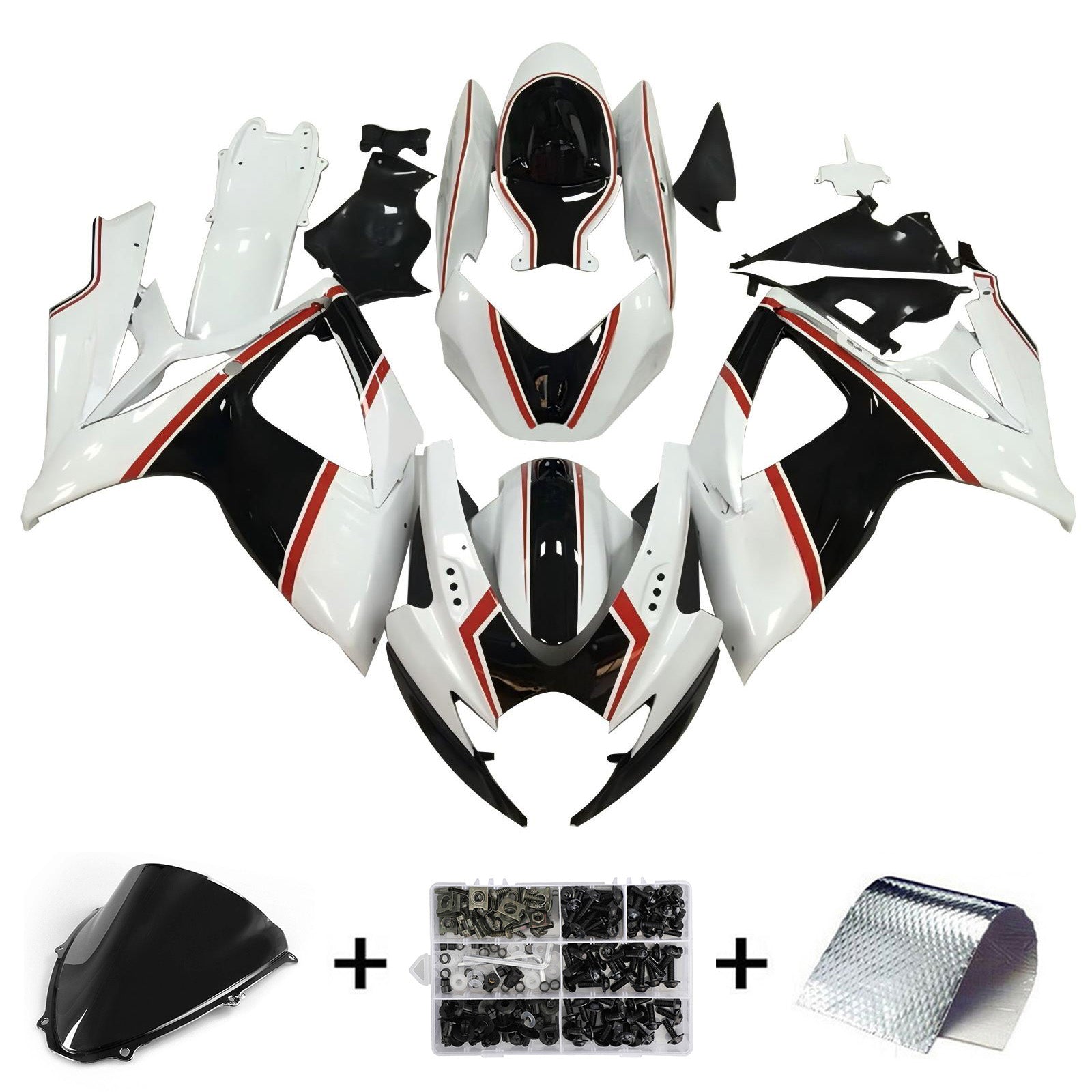 Amotopart 2006–2007 K6 GSXR 600/750 Suzuki Schwarz&Verkleidungssatz in Weiß mit rotem Streifen