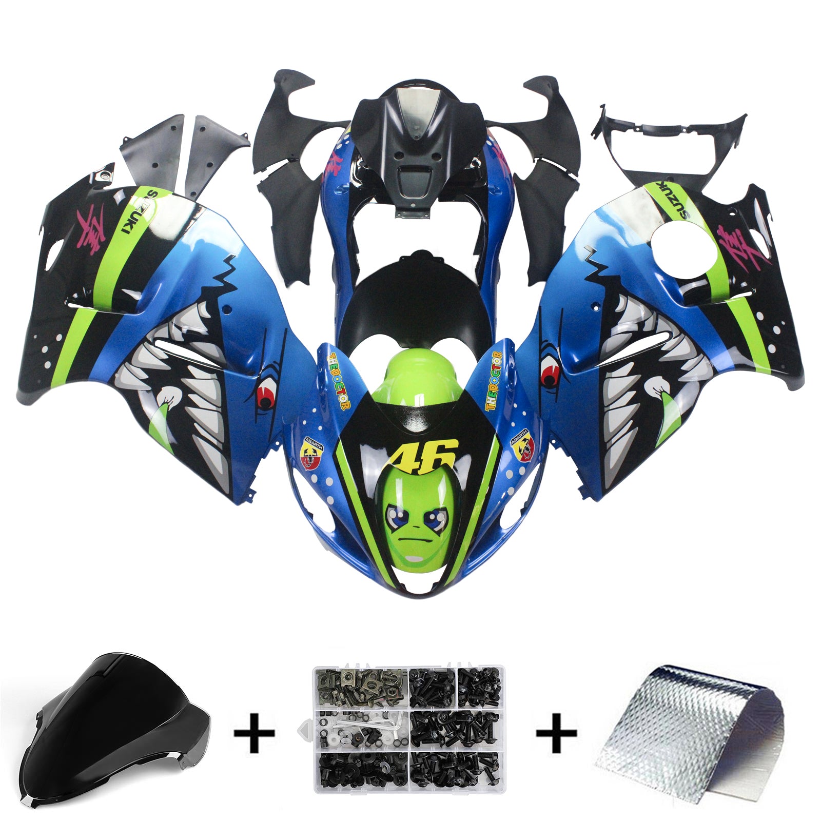 Amotopart 1999-2007 Suzuki Hayabusa GSX1300R Kit de carénage bleu et vert