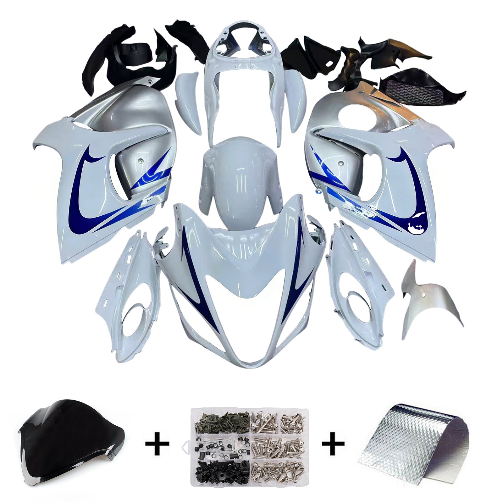 Amotopart 2008-2020 Suzuki Hayabusa GSX1300R White&Silver Fairing Kit