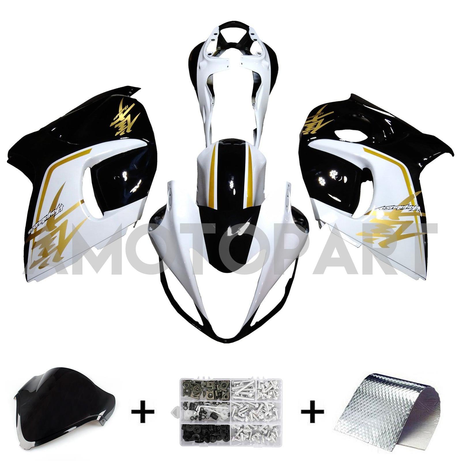 Amotopart 2008-2020 GSX1300R Hayabusa スズキ ホワイト ゴールドロゴ付き フェアリングキット