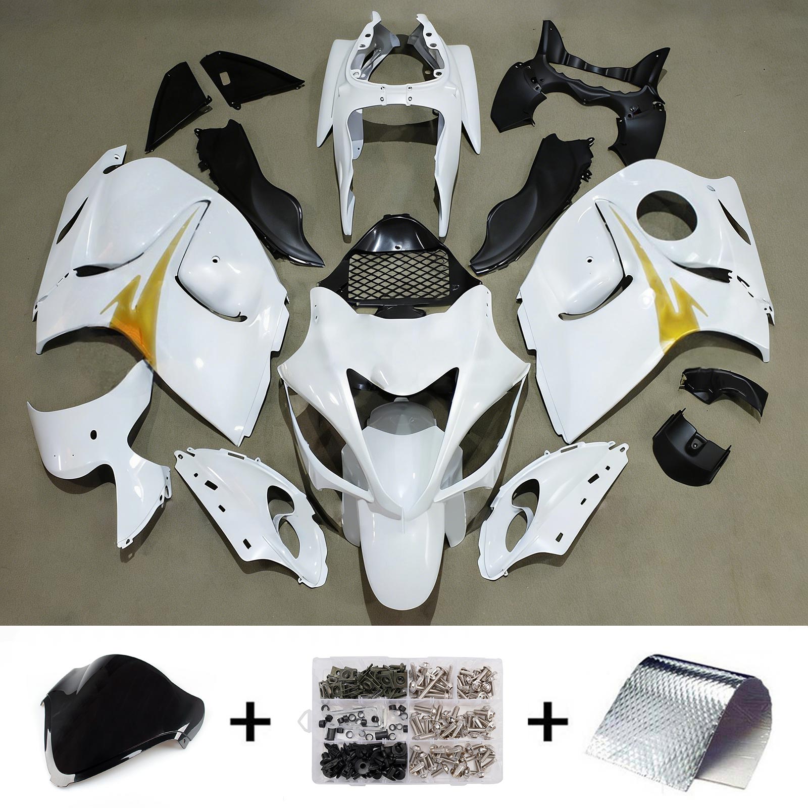 Amotopart 2008-2020 Suzuki Hayabusa GSX1300R White Gold Fairing Kit