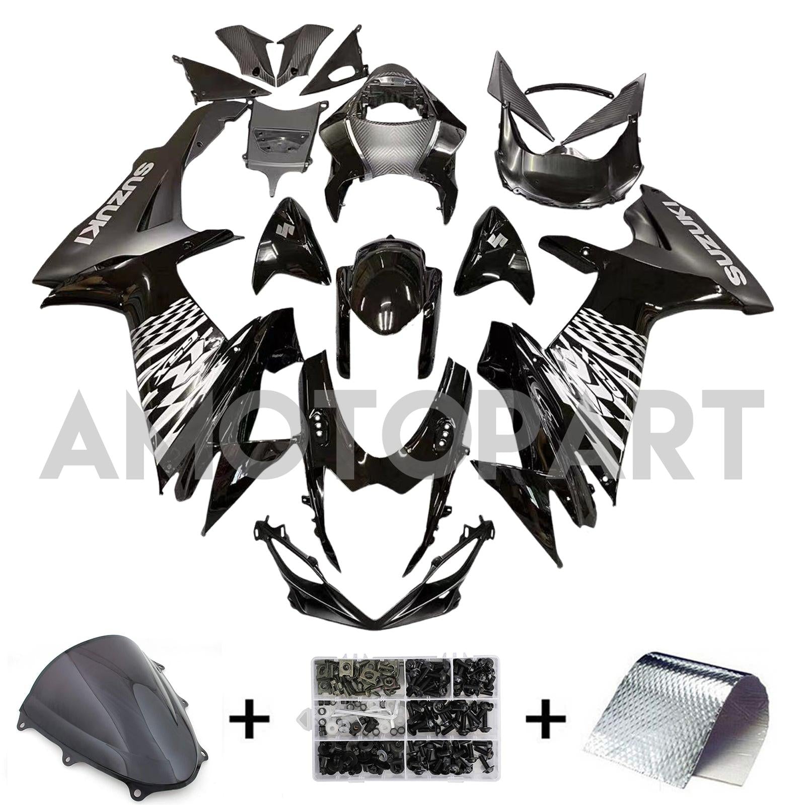 Amotopart 2011–2025 Suzuki GSXR 600/750 Verkleidung, Schwarz&Graues Kit