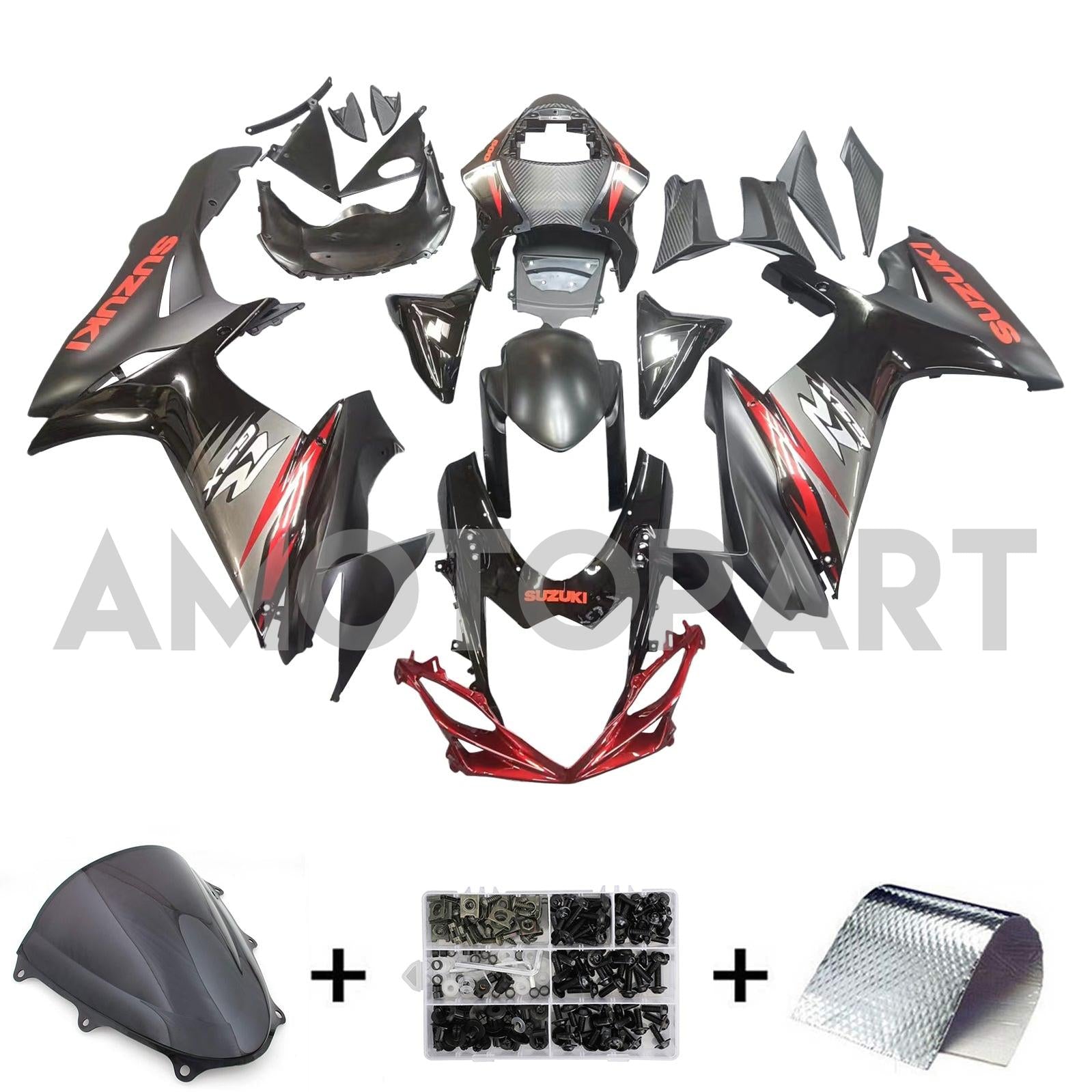 Amotopart 2011-2025 GSXR 600/750 Suzuki Matt&Gloss Black with Red Accents Fairing Kit