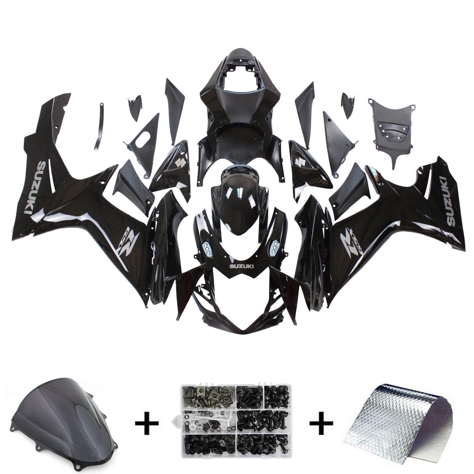 Amotopart Suzuki 2011-2024 GSXR 600/750 Black With White Logo Fairing Kit