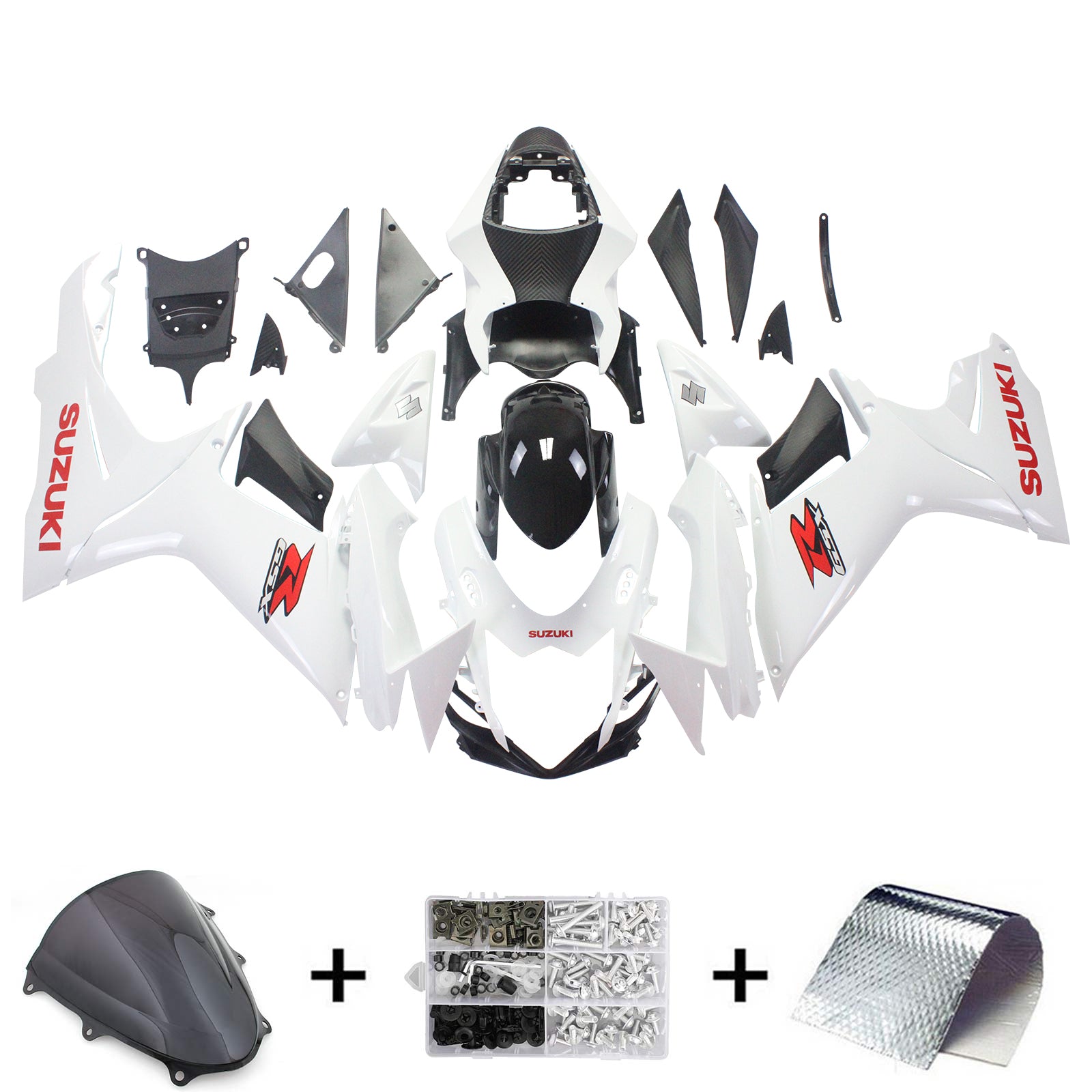 Amotopart Suzuki 2011-2024 GSXR 600/750 Kit de carenado blanco con logotipo rojo