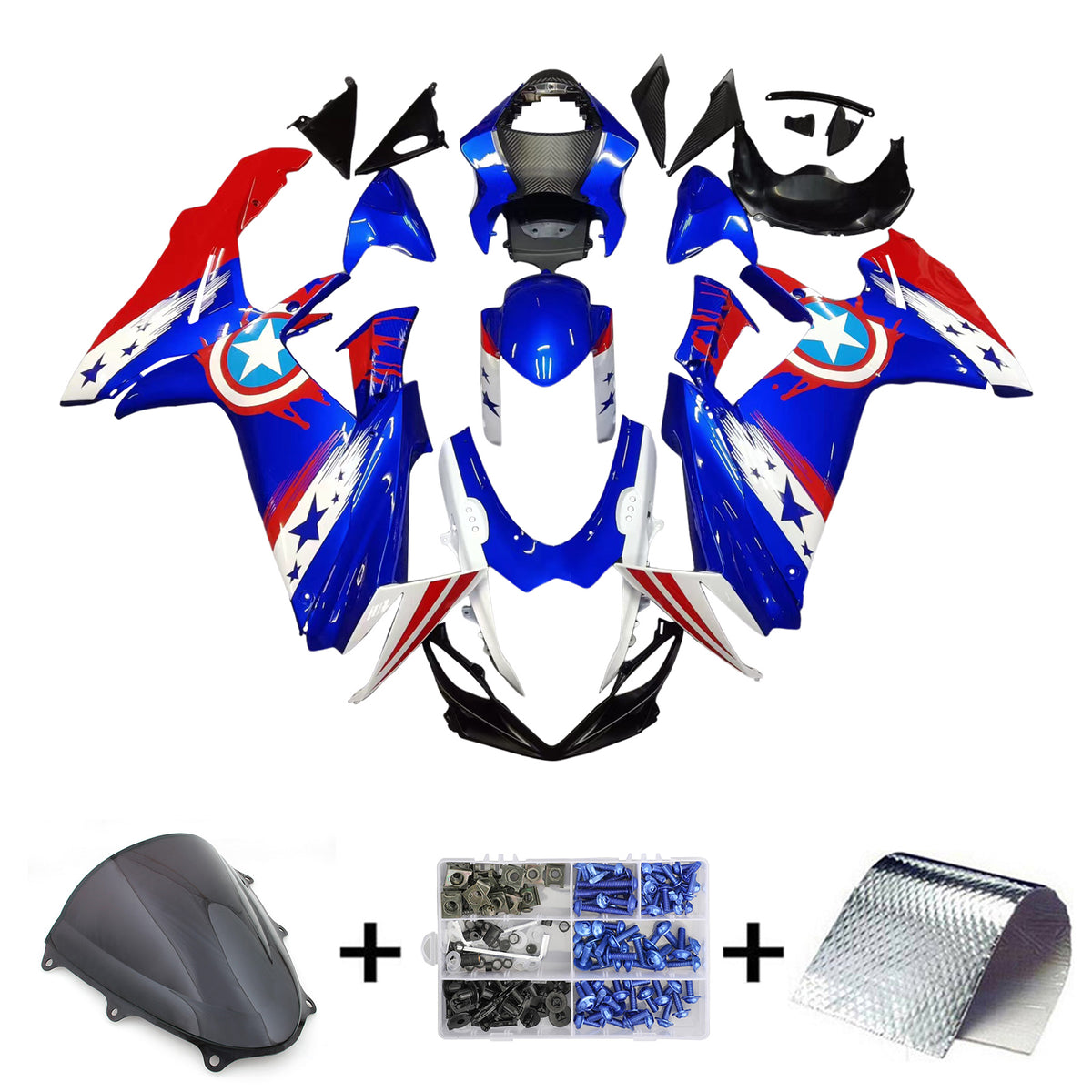 Amotopart 2011-2024 GSXR 600/750 スズキ ブルー&レッド キャプテン アメリカ フェアリングキット