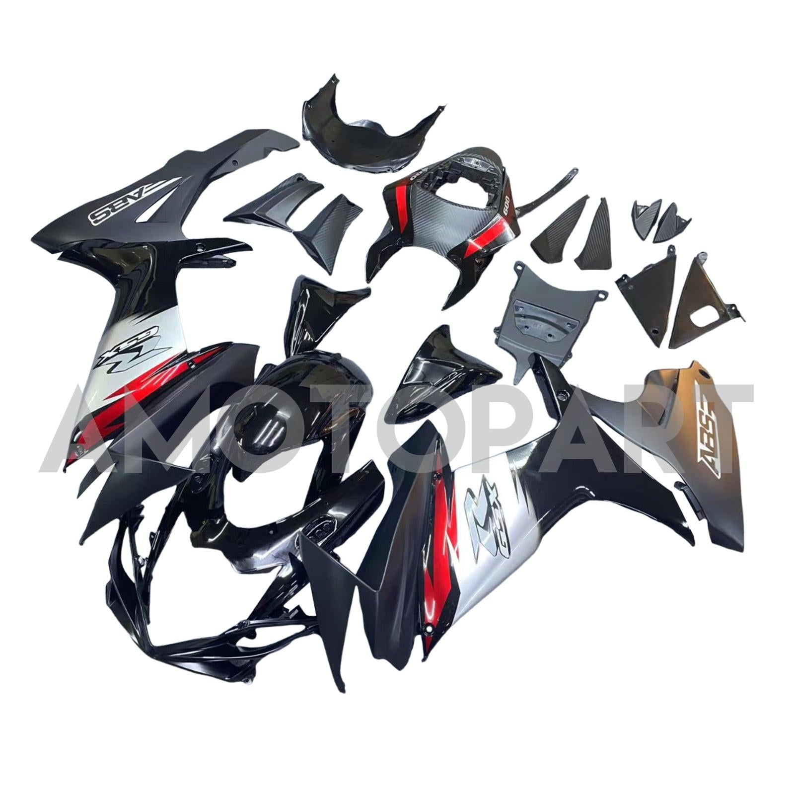 Amotopart 2011-2025 GSXR 600/750 Suzuki Black with Red Accents Fairing Kit