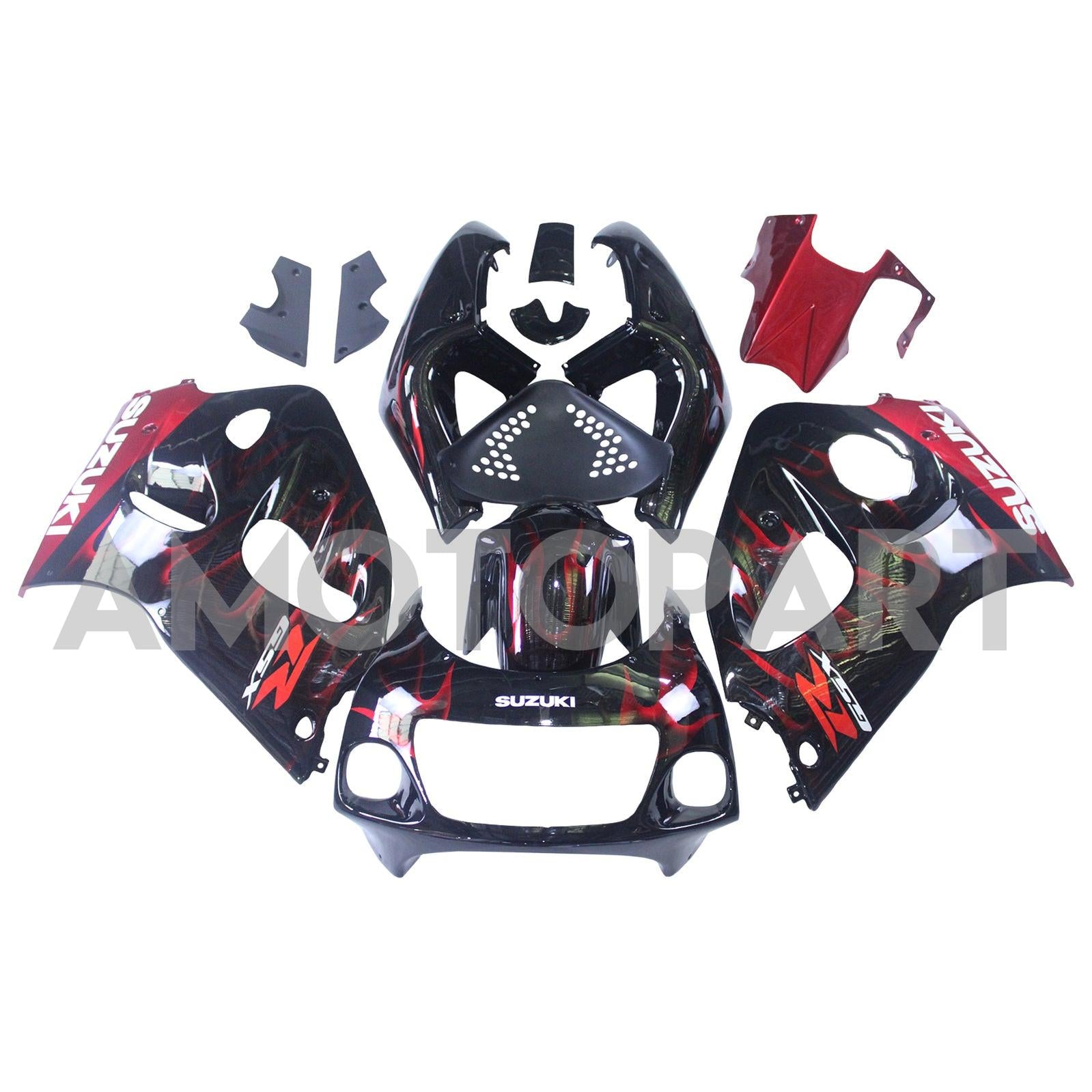 Amotopart Suzuki GSXR600 1996-2000 GSXR750 1996-1999 Blue with Red Flame Style2 Fairing Kit