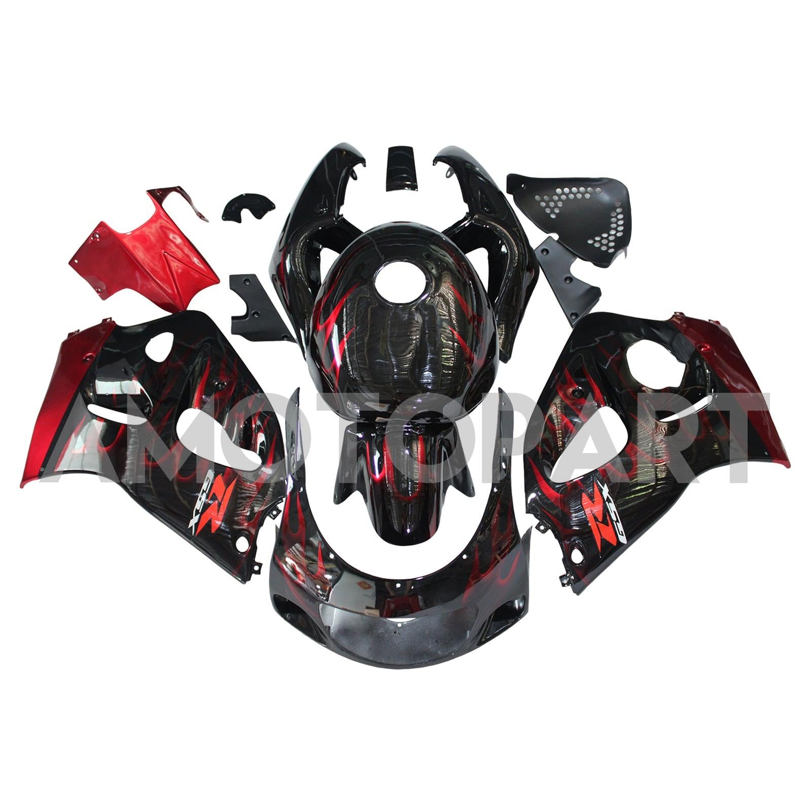 Amotopart Suzuki GSXR600 1996-2000 GSXR750 1996-1999 Blue com Red Flame Style1 Kit de carenagem