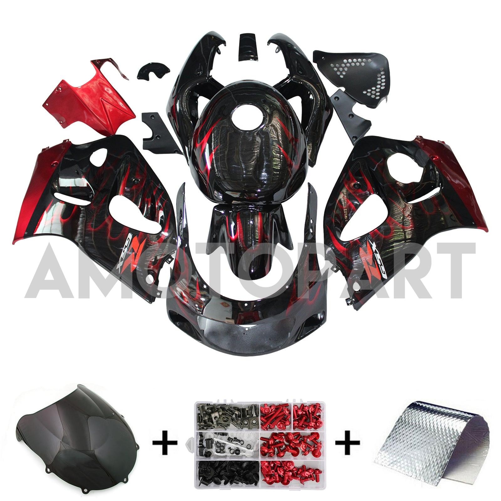 Amotopart Suzuki GSXR600 1996-2000 GSXR750 1996-1999 Blue com Red Flame Style1 Kit de carenagem