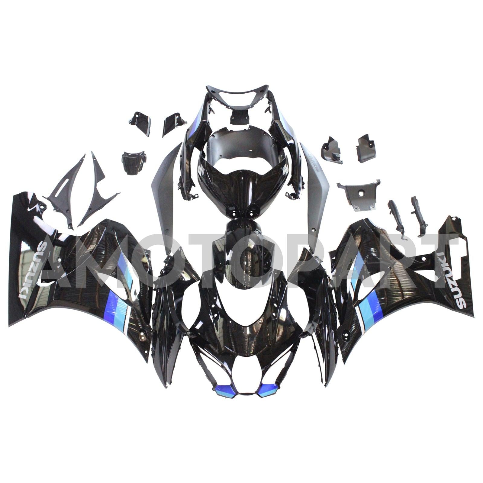 AMOTOPART SUZUKI GSXR1000 2017-2024 K17 BLACK GLOSSY COM BLUE LOGOTO FAIRING KIT