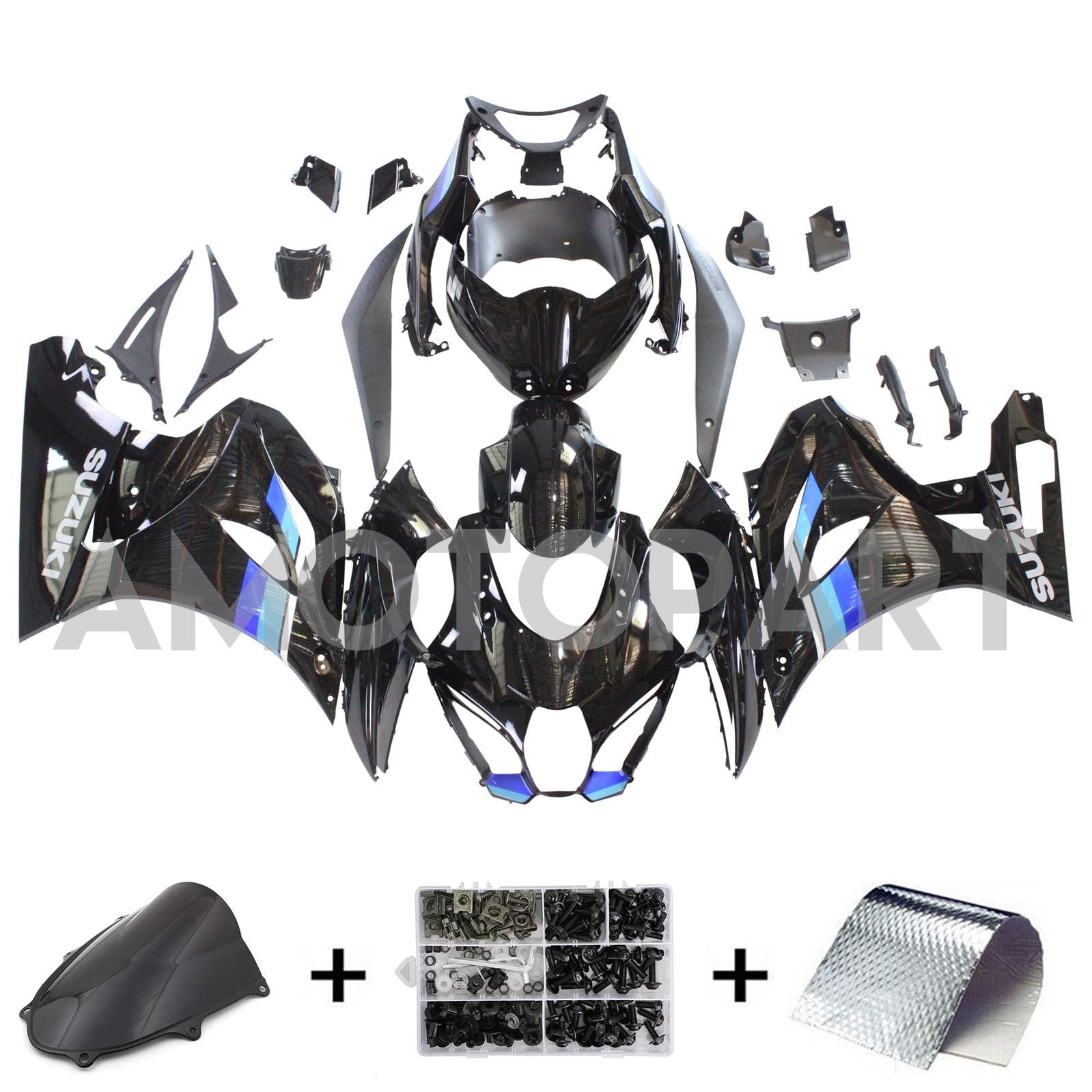 AMOTOPART SUZUKI GSXR1000 2017-2024 K17 BLACK GLOSSY COM BLUE LOGOTO FAIRING KIT