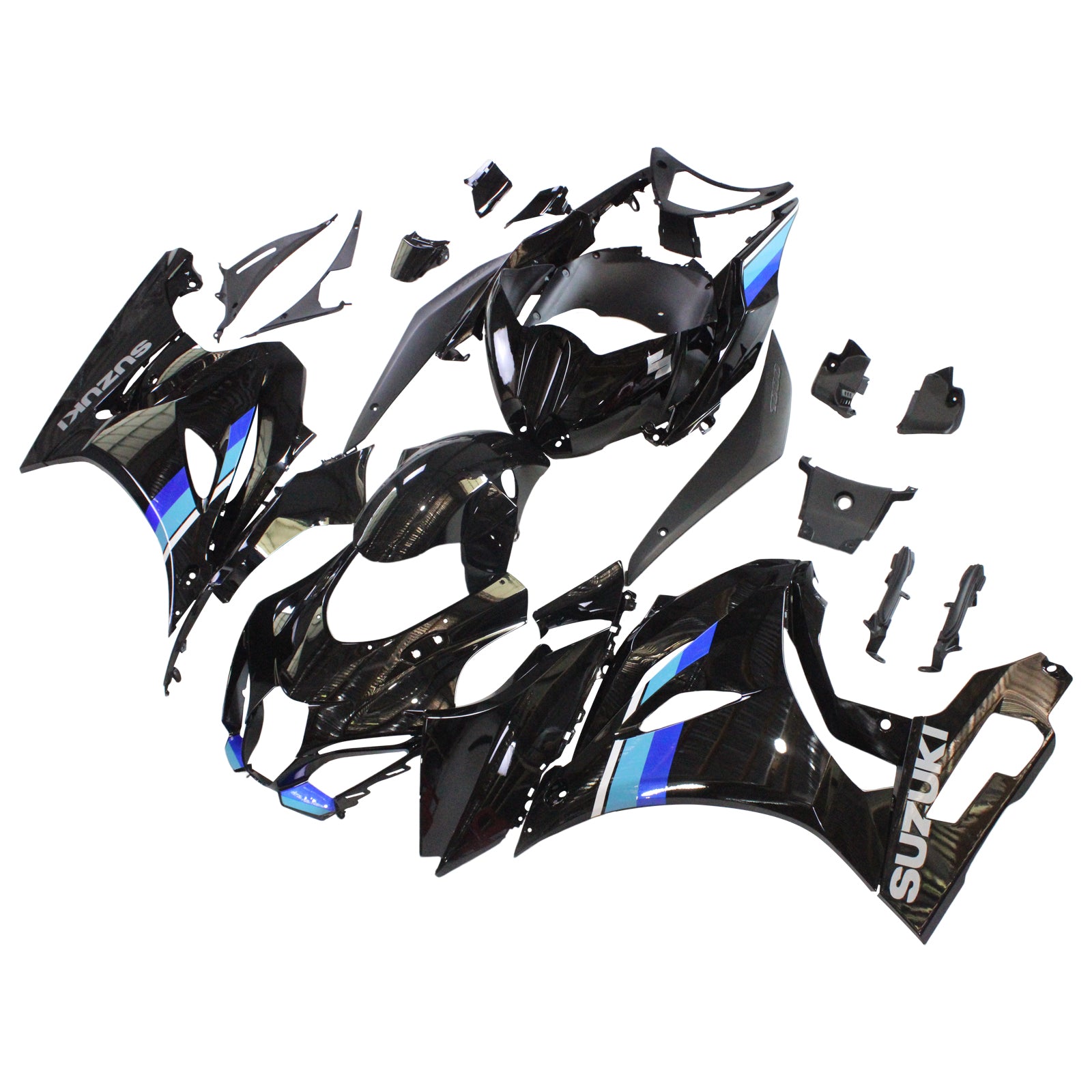 Amotopart Verkleidungssatz für Suzuki GSXR1000 2017–2024 K17, glänzend schwarz mit blauem Logo