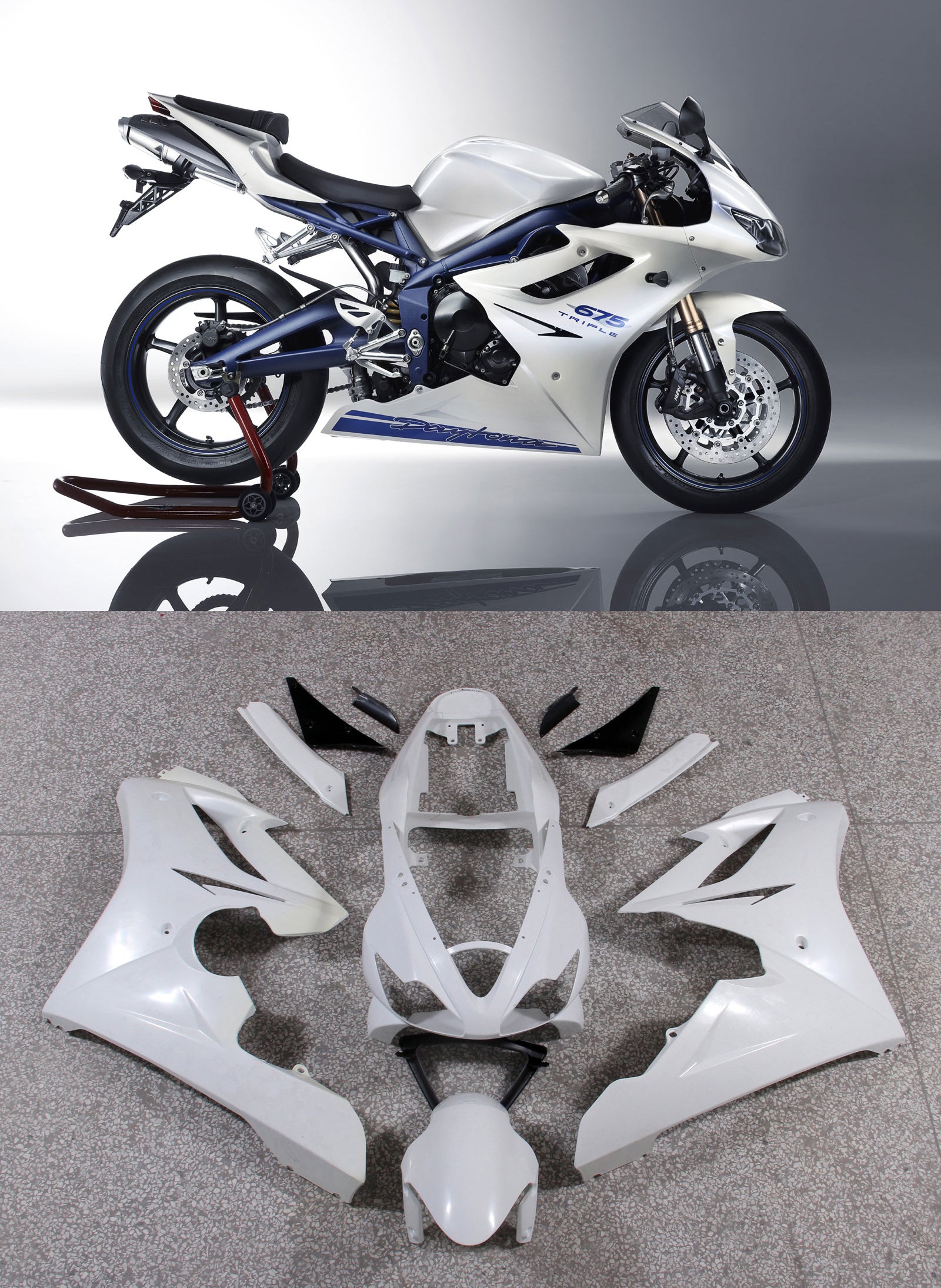 Amotopart 2006-2008 Triumph Daytona 675 Kit de carénage blanc bleu