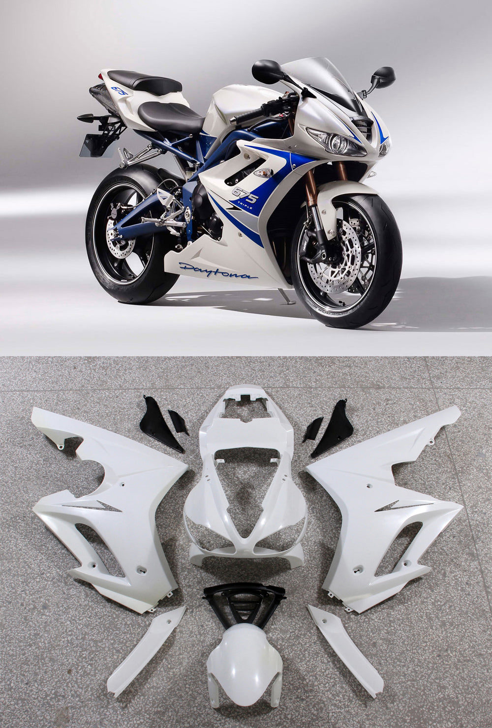 Amotopart 2009-2012 Triumph Daytona 675 Kit de carénage argent blanc bleu