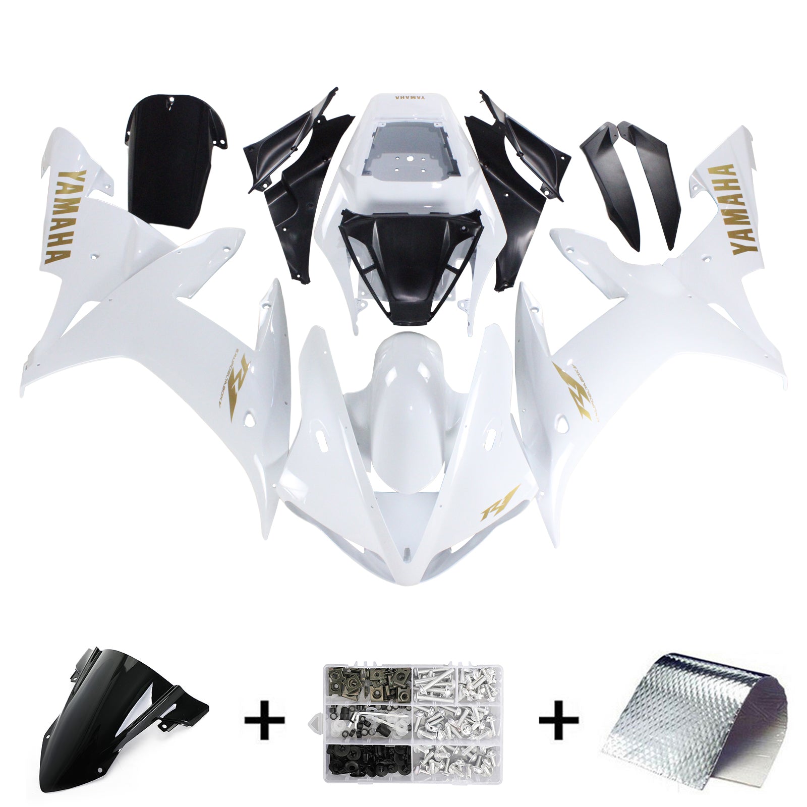 Amotopart Yamaha 2002-2003 YZF 1000 R1 Kit de carenado con logotipo dorado blanco