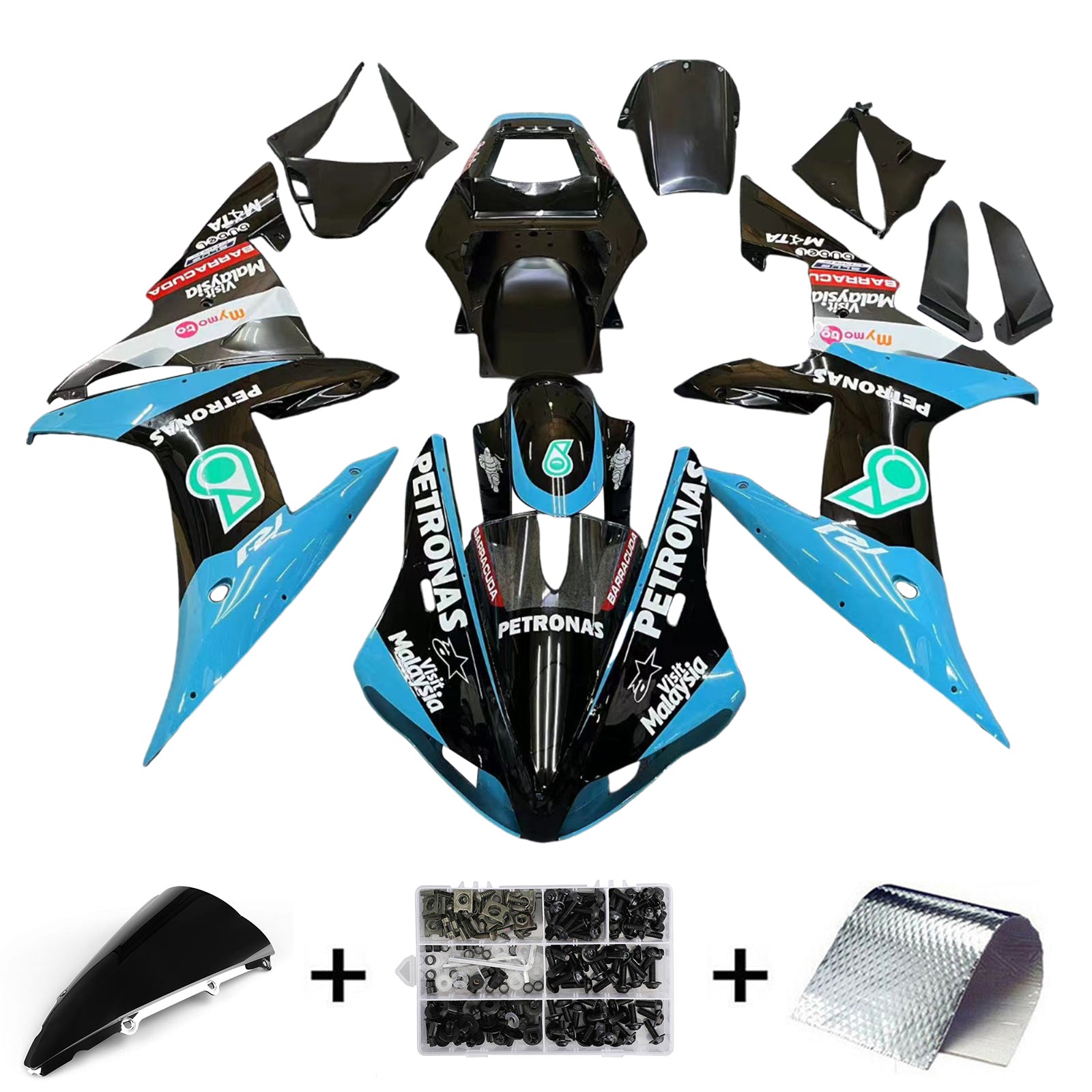 Amotopart 2002-2003 Yamaha YZF R1 Black Light Blue White Fairing Kit