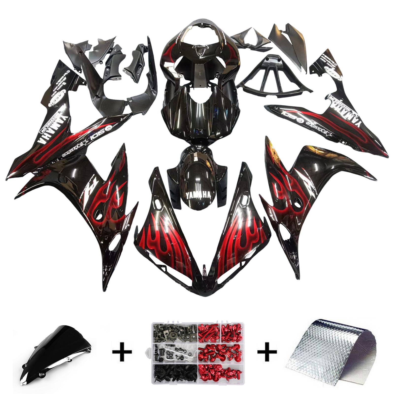 Amotopart 2004-2006 Yamaha R1 Fairing Black with Red flame Kit