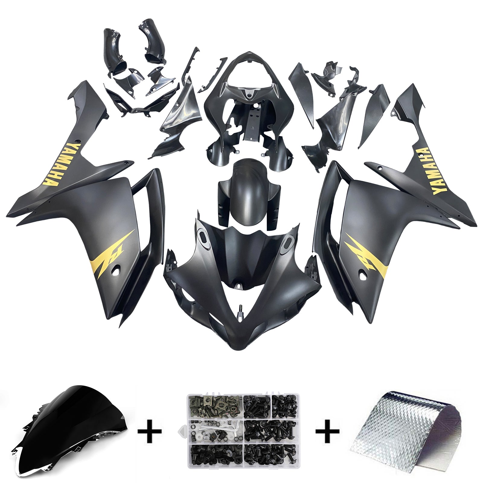 Amotopart 2007-2008 Yamaha YZF 1000 R1 Matte Black with Gold Logo Fairing Kit