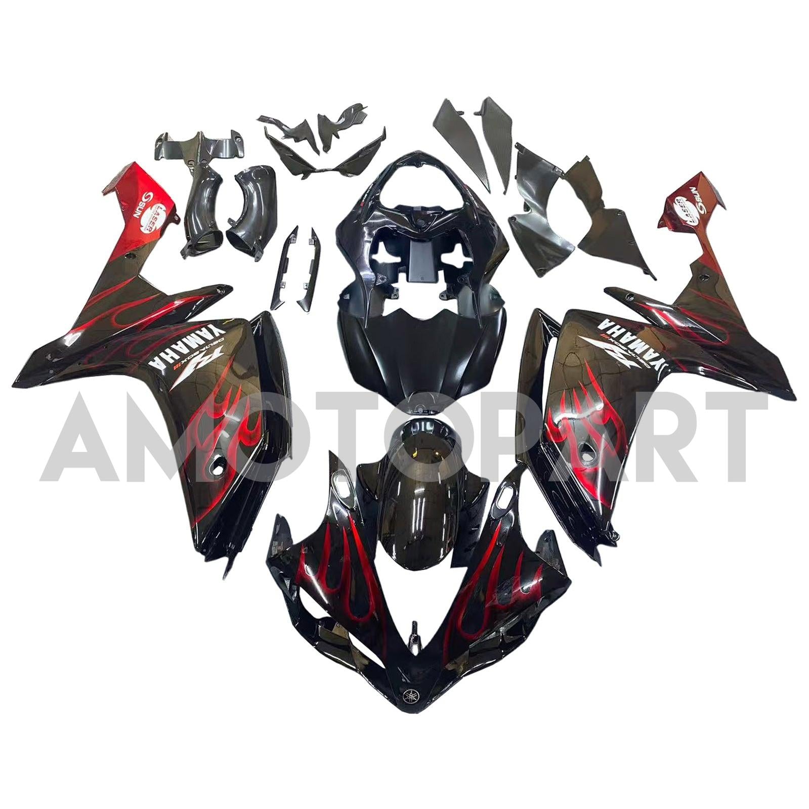 Amotopart 2007-2008 ヤマハ YZF 1000 R1 グロスブラック レッドフレームフェアリングキット付き