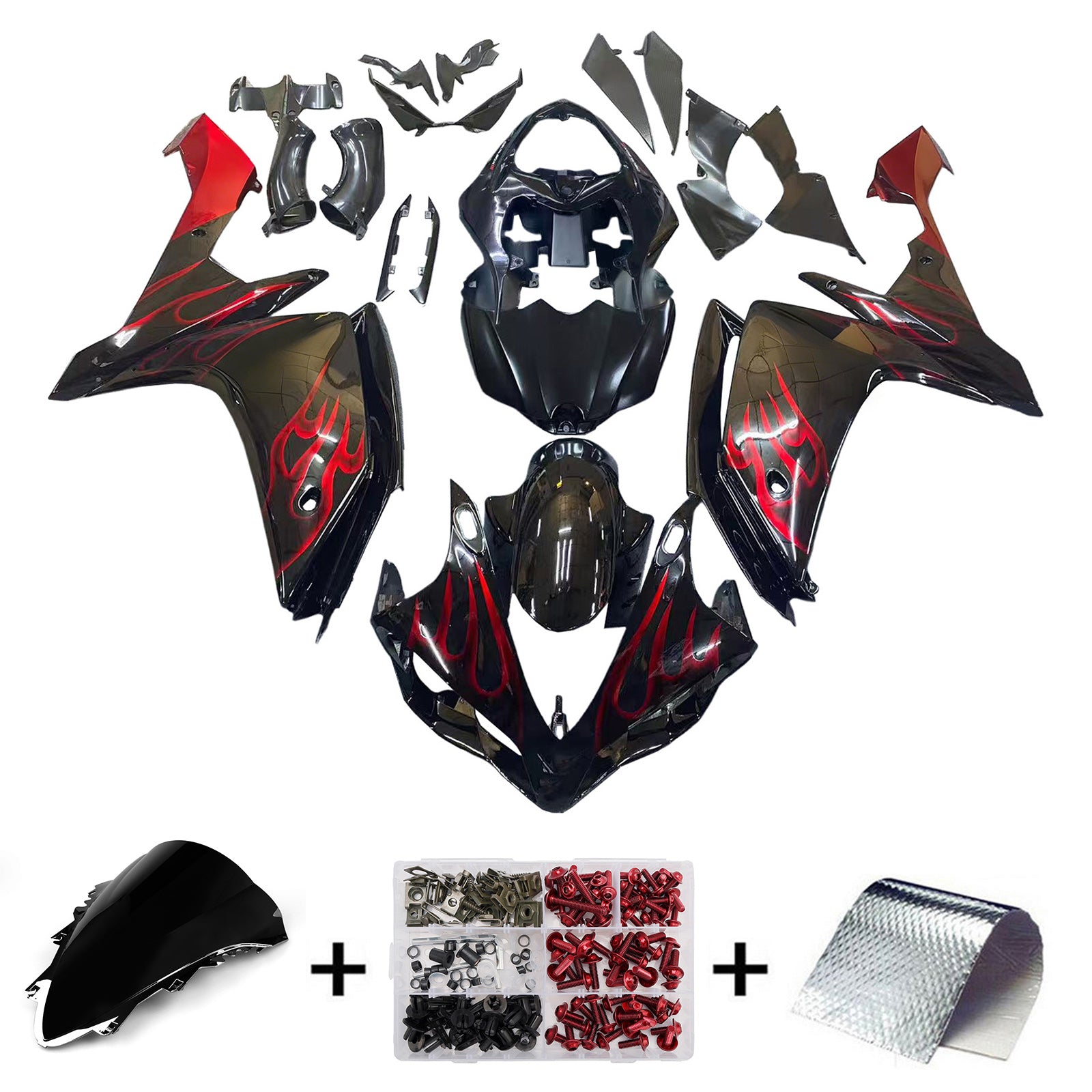 Amotopart 2007-2008 Yamaha YZF 1000 R1 Nero lucido con kit carenatura Red Flame