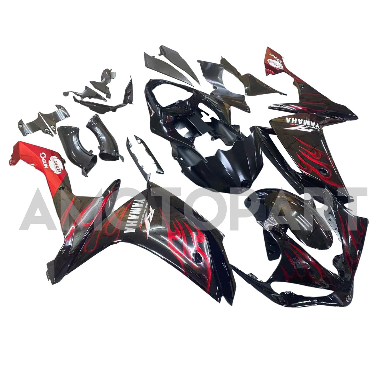 Amotopart 2007-2008 ヤマハ YZF 1000 R1 グロスブラック レッドフレームフェアリングキット付き