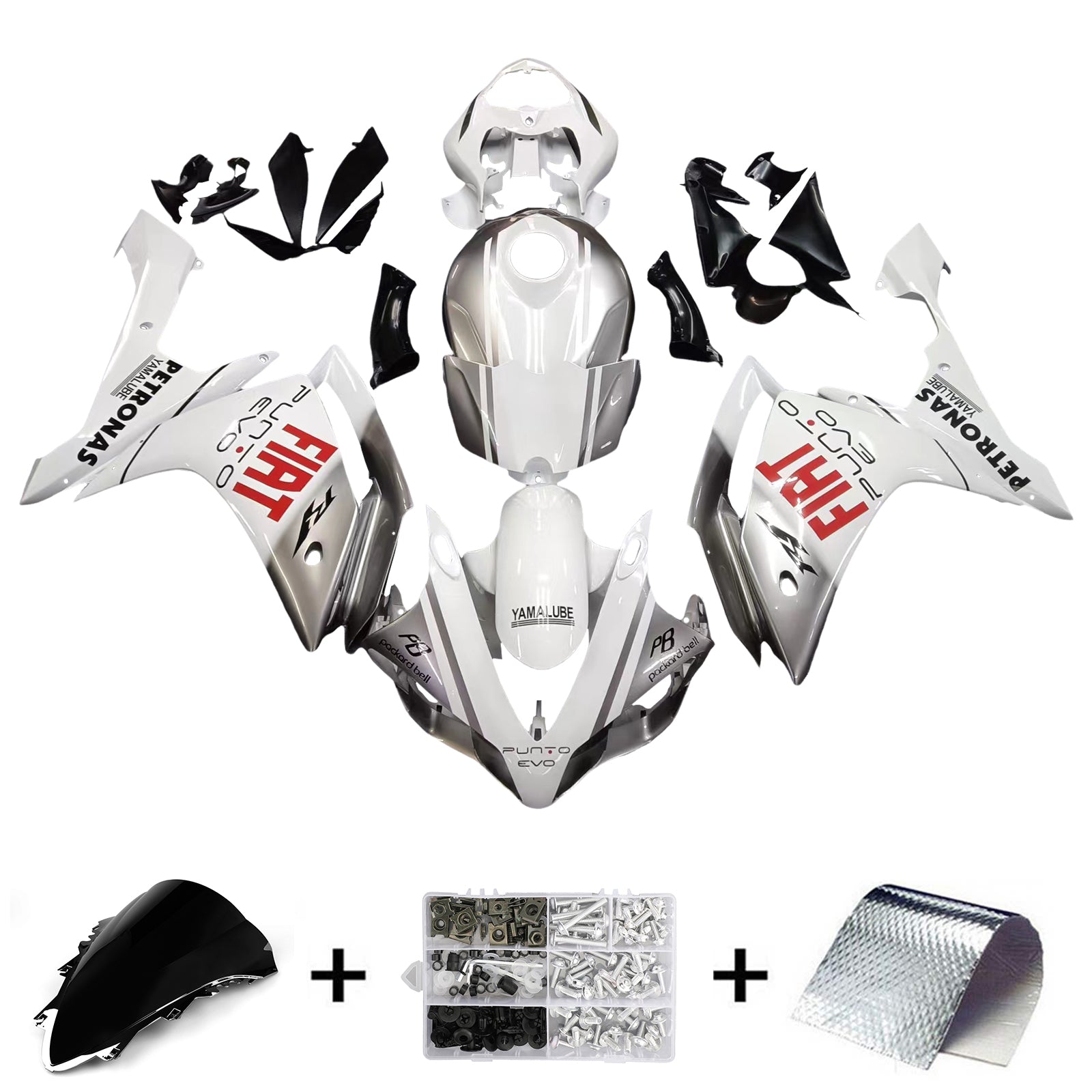 Amotopart 2007–2008 Yamaha YZF 1000 R1 Verkleidungsset in Weiß und Silber