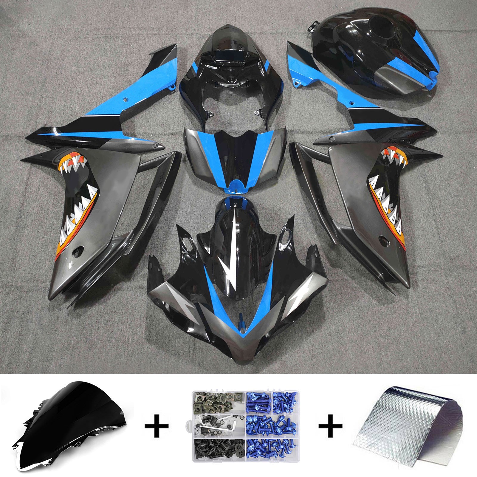 Amotopart 2007-2008 Yamaha YZF 1000 R1 noir mat&Kit de carénage Blue Shark Teeth