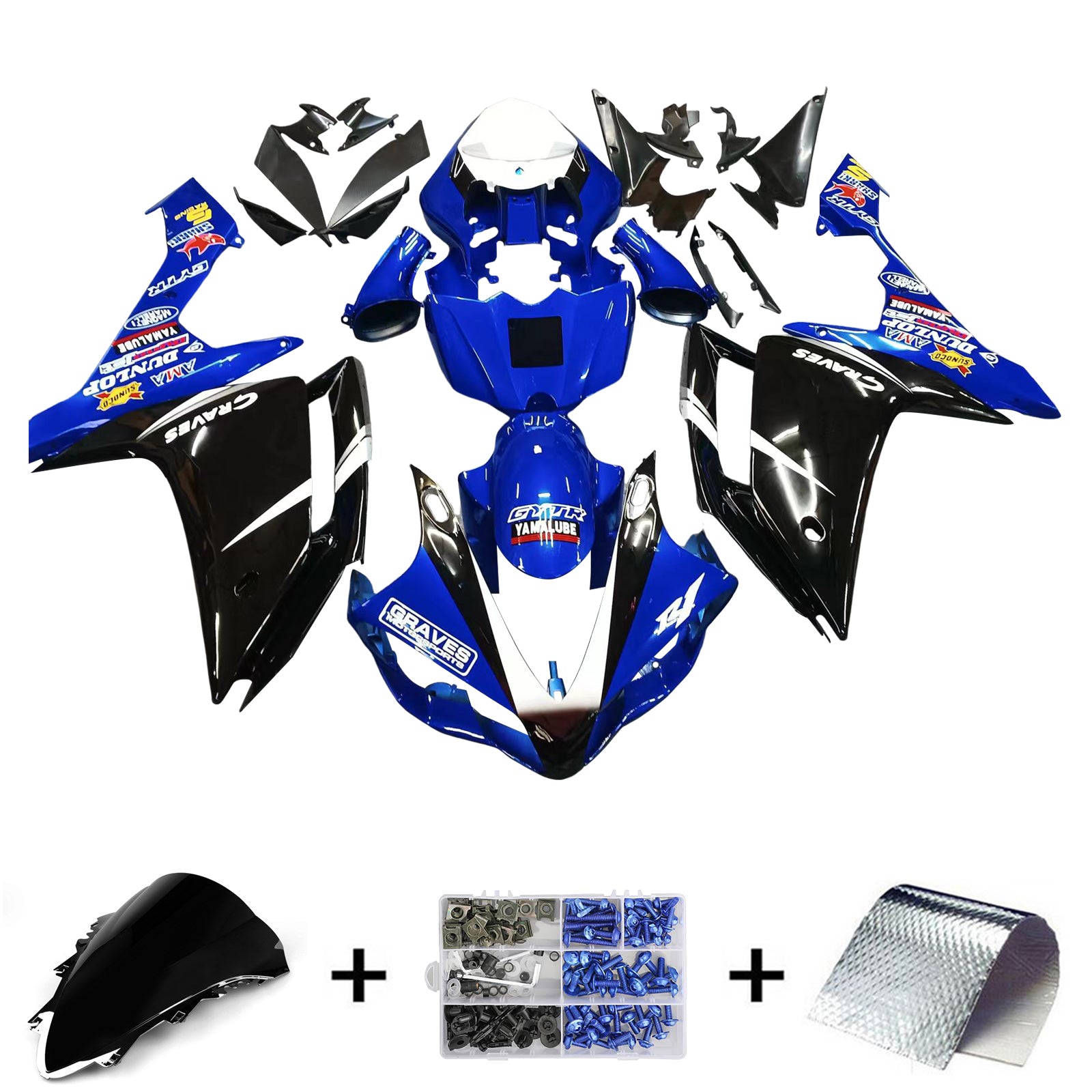 Amotopart 2007-2008 ヤマハ YZF 1000 R1 ブルー&ブラック ロゴフェアリングキット付き