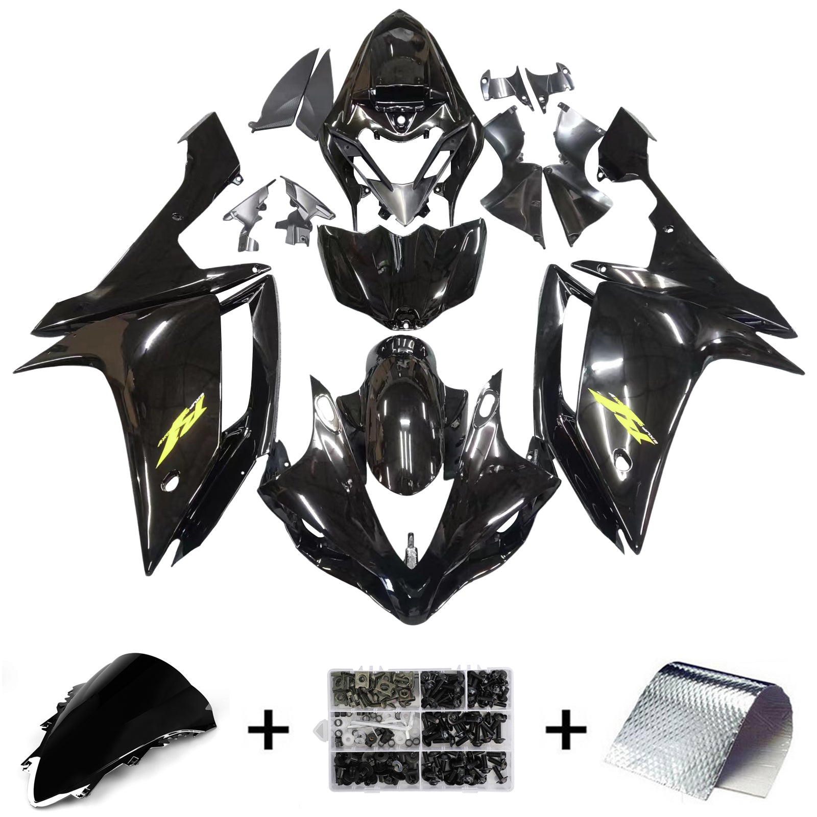 Amotopart 2007-2008 Yamaha YZF 1000 R1 Kit de carenado negro brillante con logotipo dorado