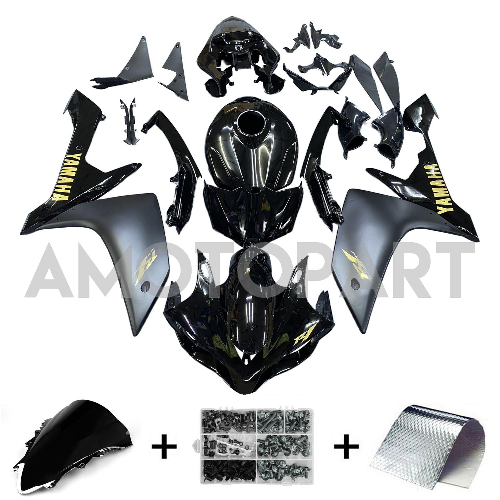 Amotopart 2007-2008 Yamaha YZF 1000 R1 Gloss Black with Matte Grey Fairing Kit