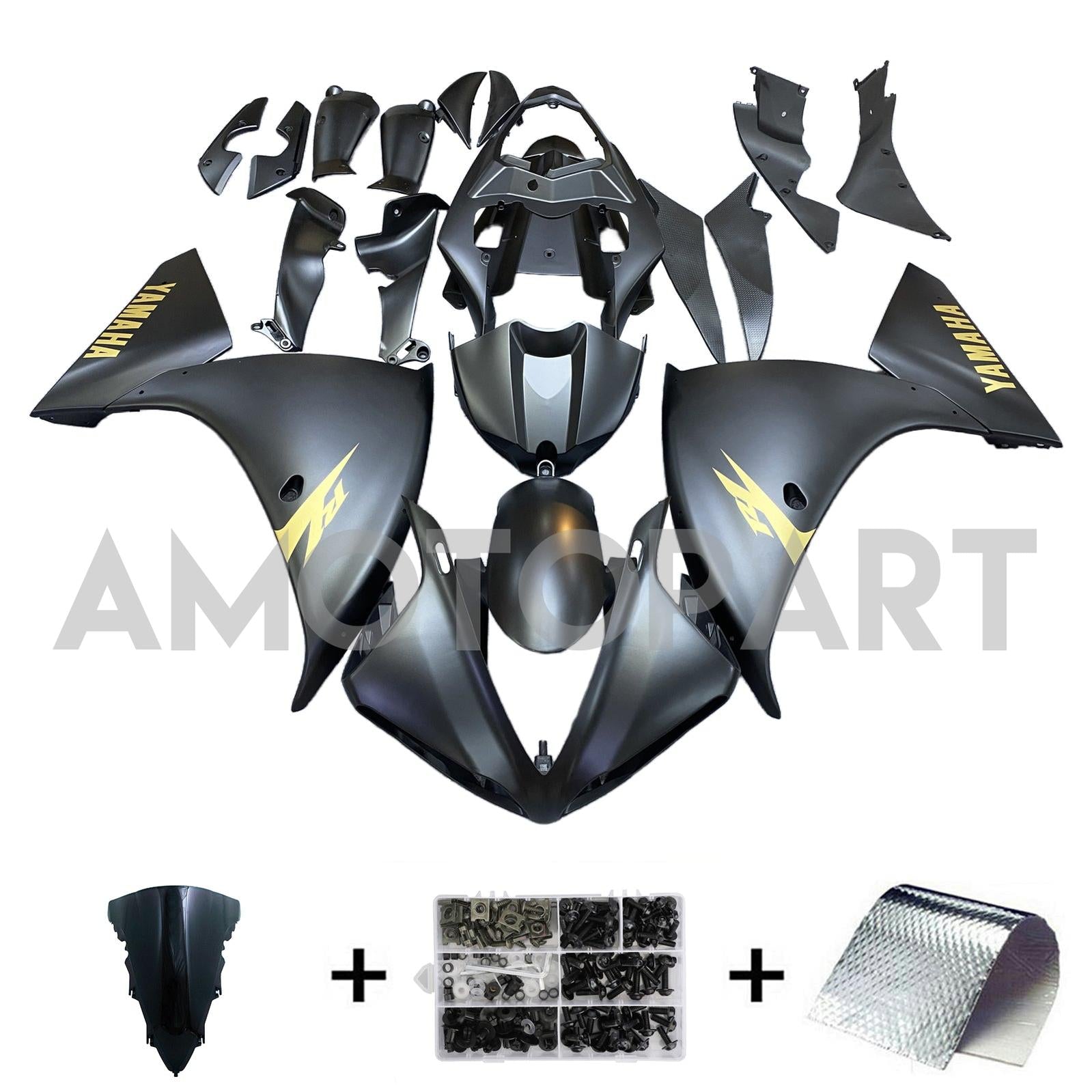 Amotopart 2009-2011 Yamaha YZF 1000 R1 Matte Black with Gold Logos Fairing Kit