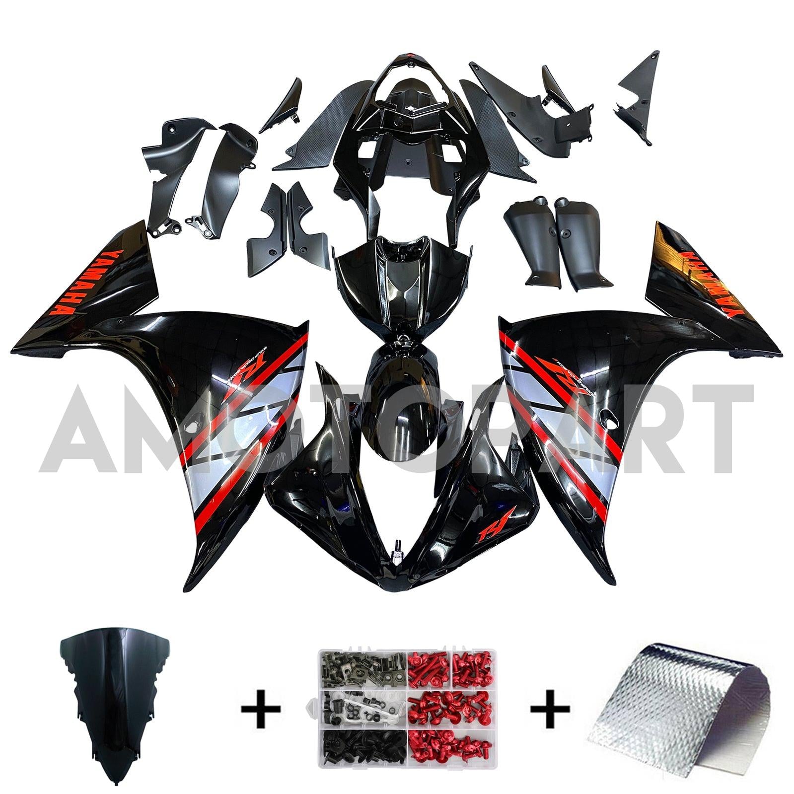 Amotopart 2009-2011 Yamaha YZF 1000 R1 GLOSS BLACK s červeným přízvukovým kapotou