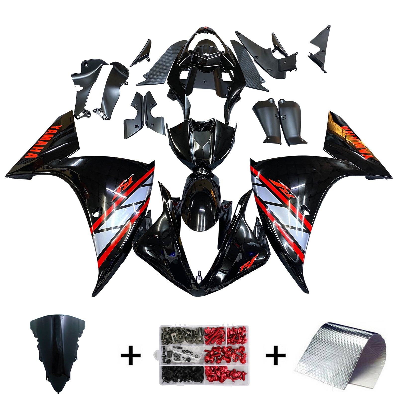 Amotopart 2009-2011 Yamaha YZF 1000 R1 Kit de carénage noir brillant avec accent rouge