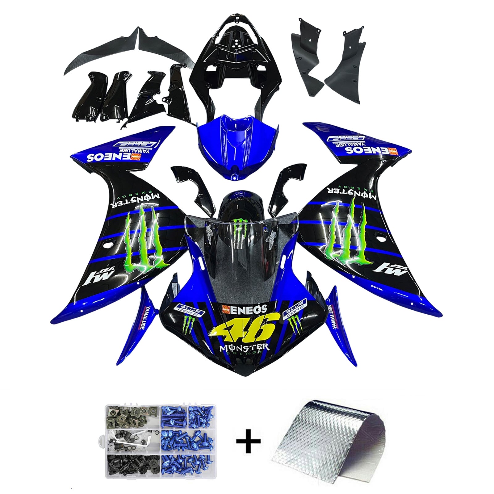 Amotopart 2009-2011 Yamaha YZF 1000 R1 negro y azul con kit de carenado Monster Logo