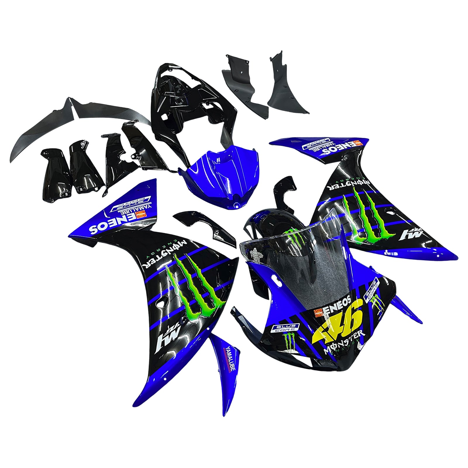 Amotopart 2009–2011 Yamaha YZF 1000 R1 Schwarz und Blau mit Monster-Logo-Verkleidungsset