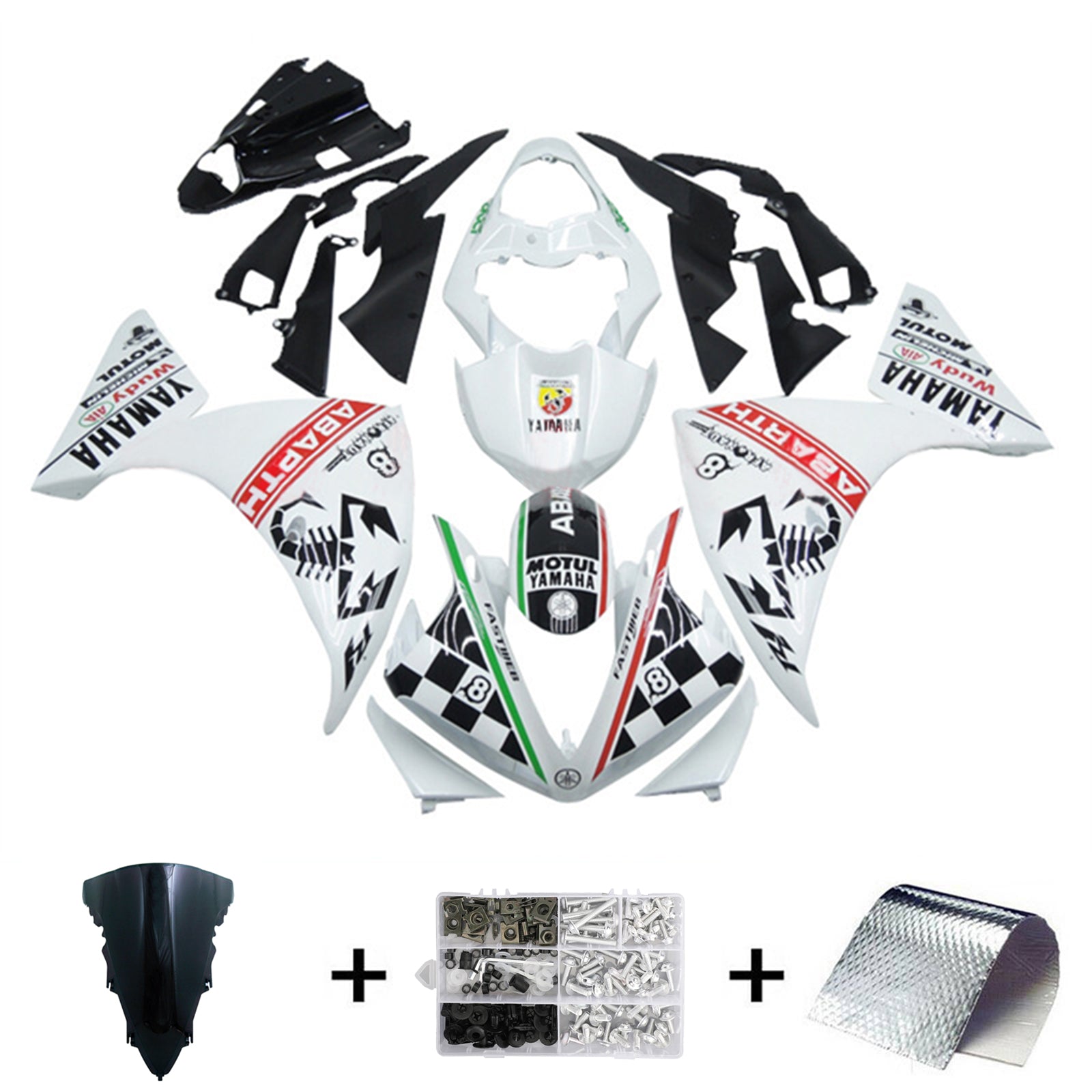 Amotopart 2009-2011 Yamaha YZF 1000 R1 White with Black Graphics Fairing Kit